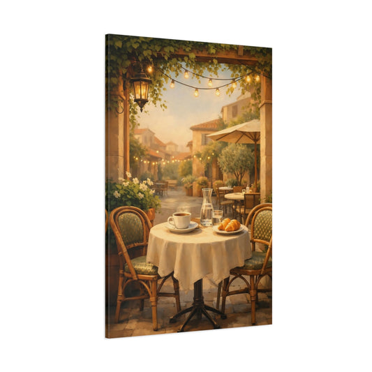Vintage Outdoor Cafe Warm Tones shown as stretched canvas wall art