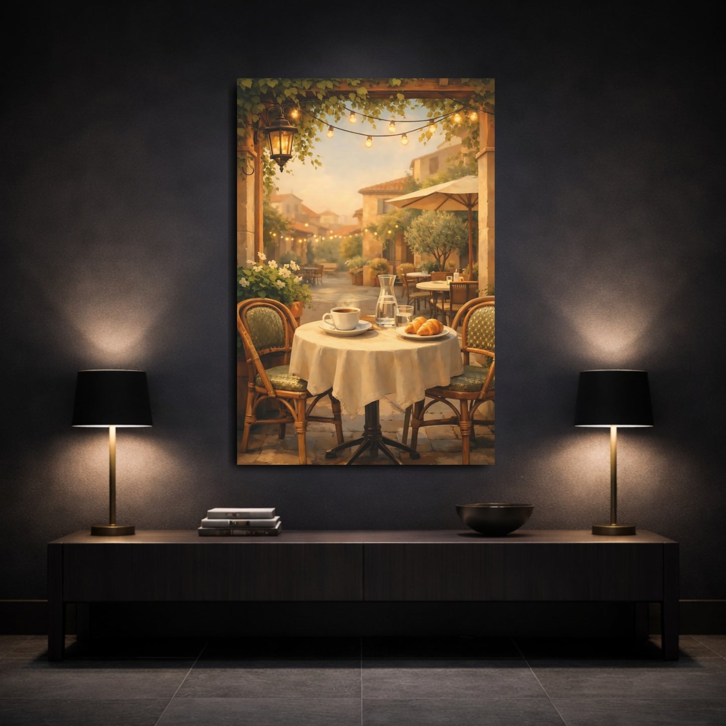 Vintage Outdoor Cafe Warm Tones shown as front canvas room wall art