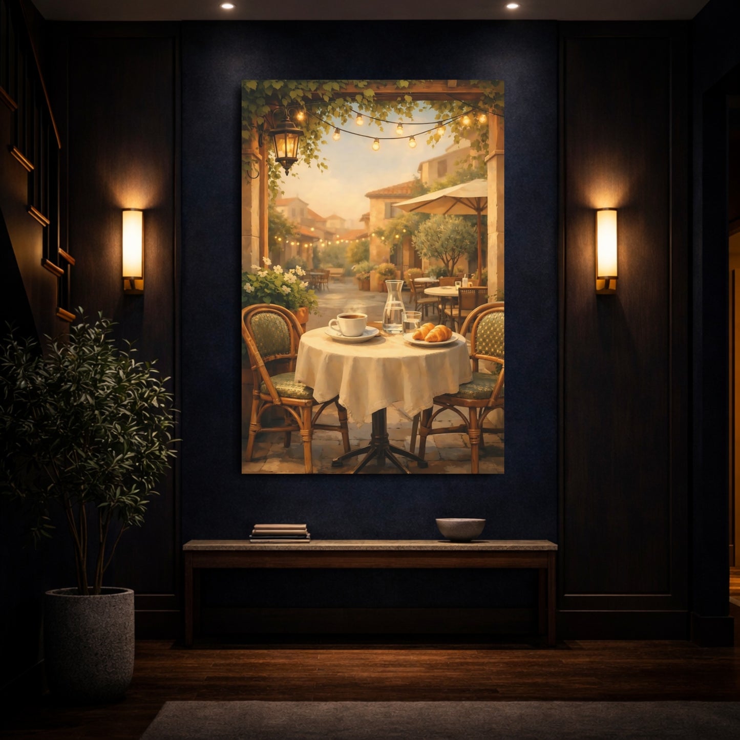 Vintage Outdoor Cafe Warm Tones shown as front canvas room wall art