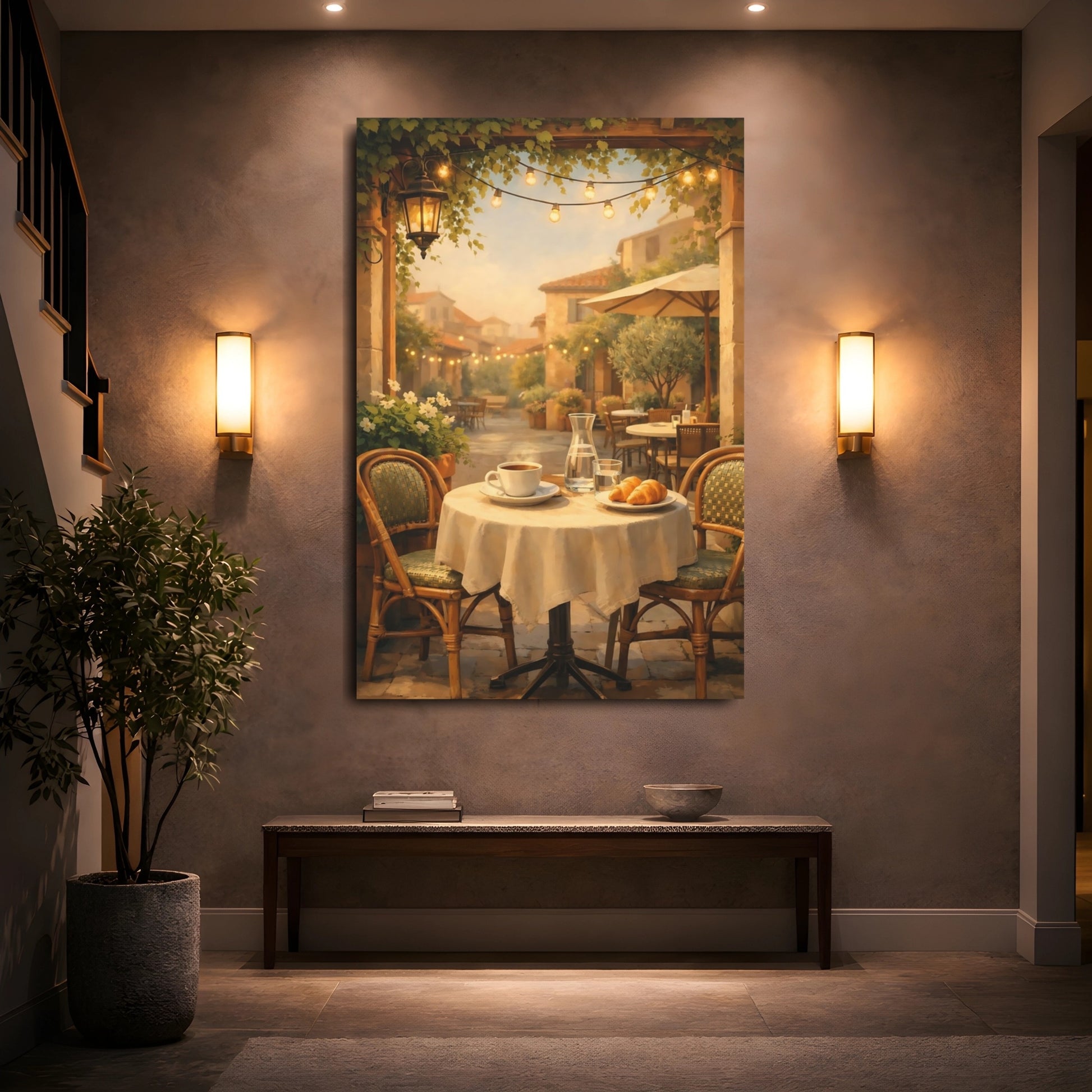 Vintage Outdoor Cafe Warm Tones shown as front canvas room wall art
