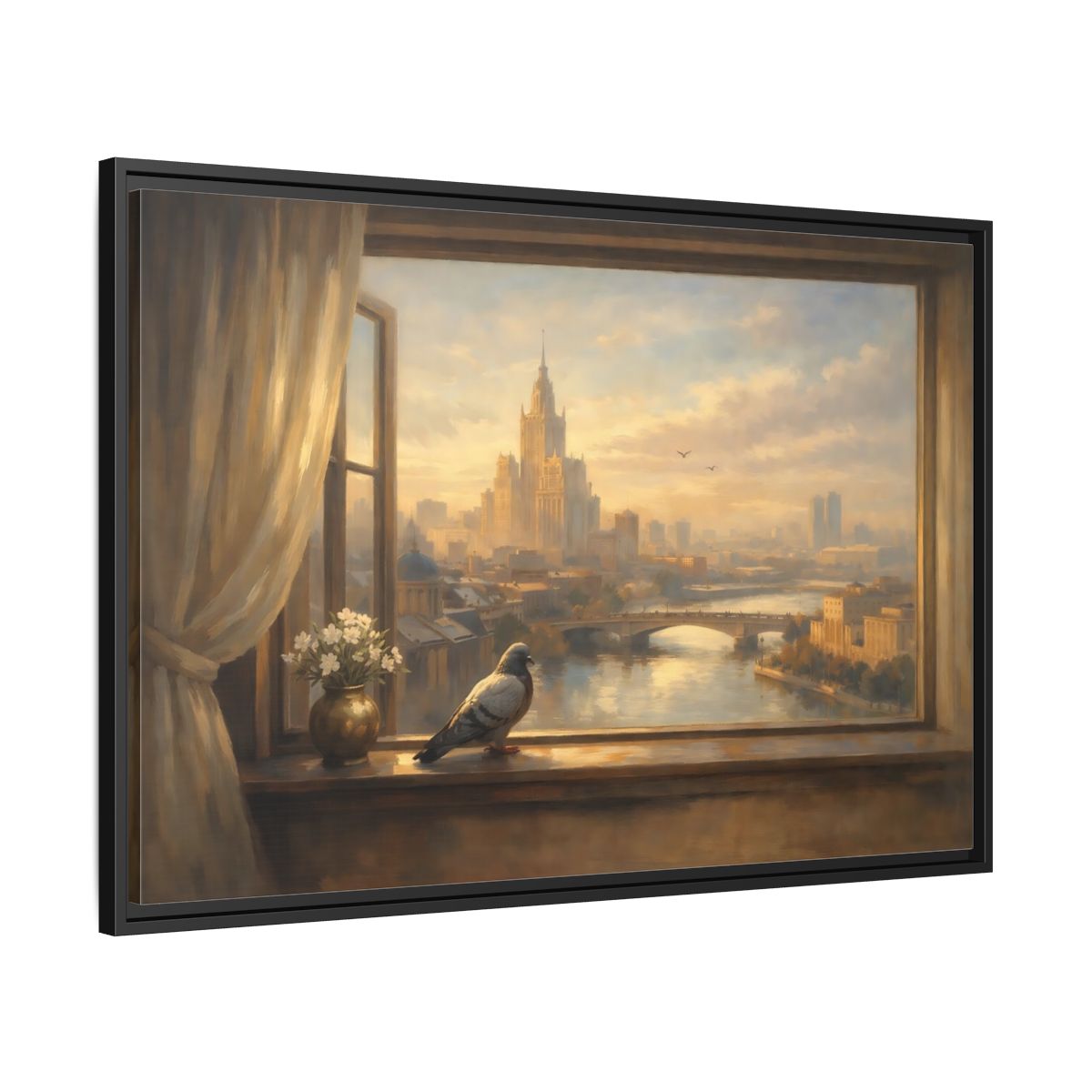 Side Mockup 13. Birds Pigeon Brown And Gold shown as stretched canvas wall art