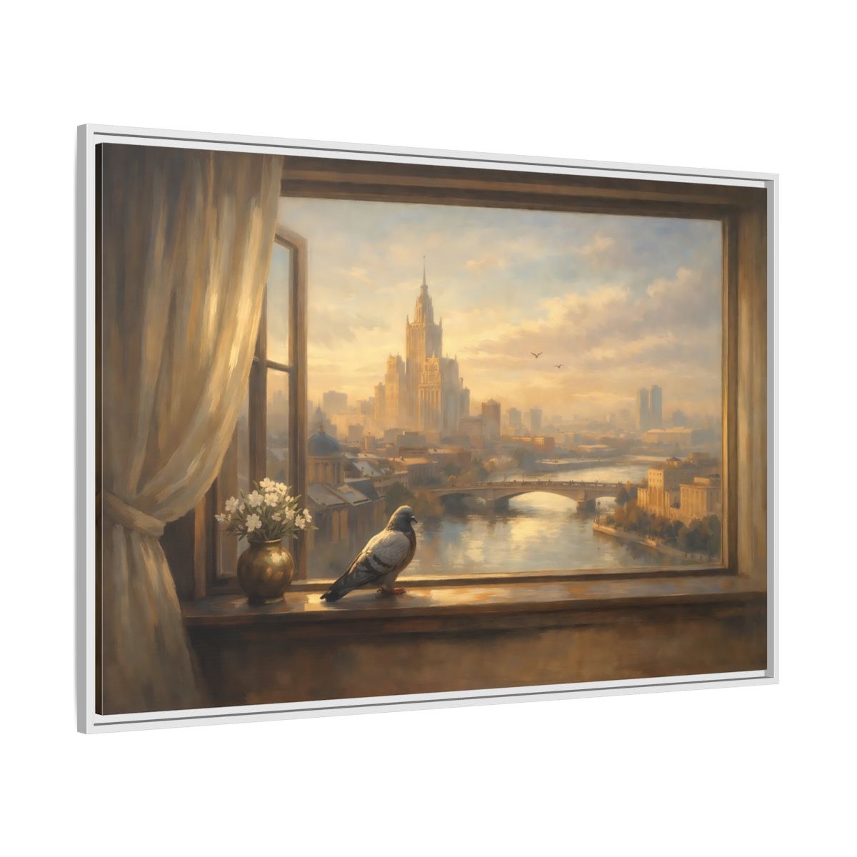 Side Mockup 7. Birds Pigeon Brown And Gold shown as stretched canvas wall art