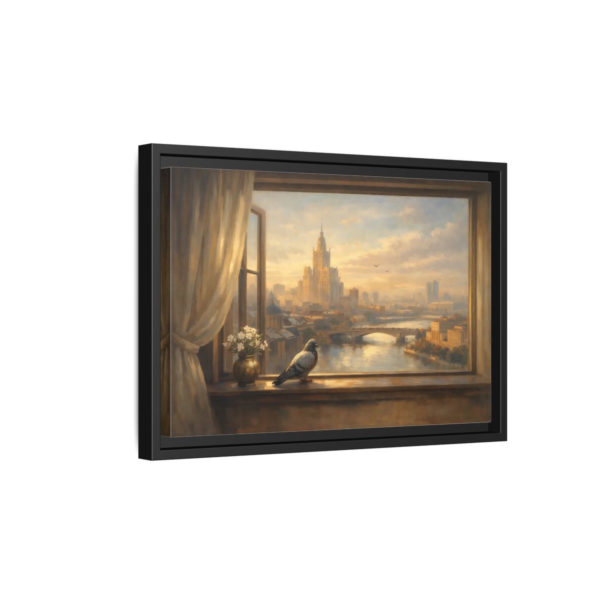 Side Mockup 6. Birds Pigeon Brown And Gold shown as stretched canvas wall art