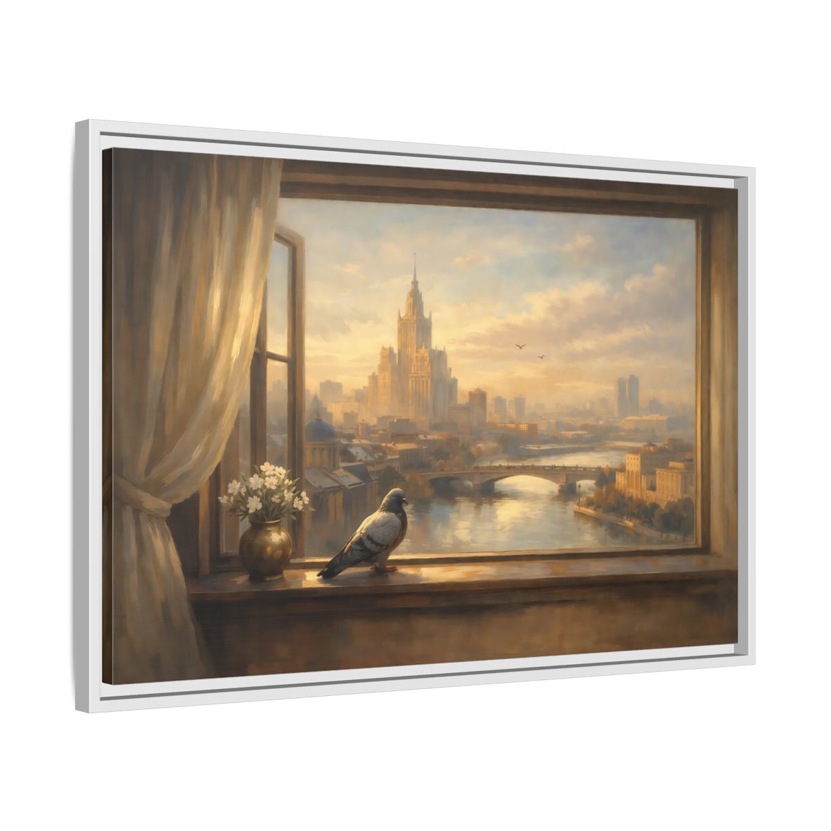 Side Mockup 10. Birds Pigeon Brown And Gold shown as stretched canvas wall art