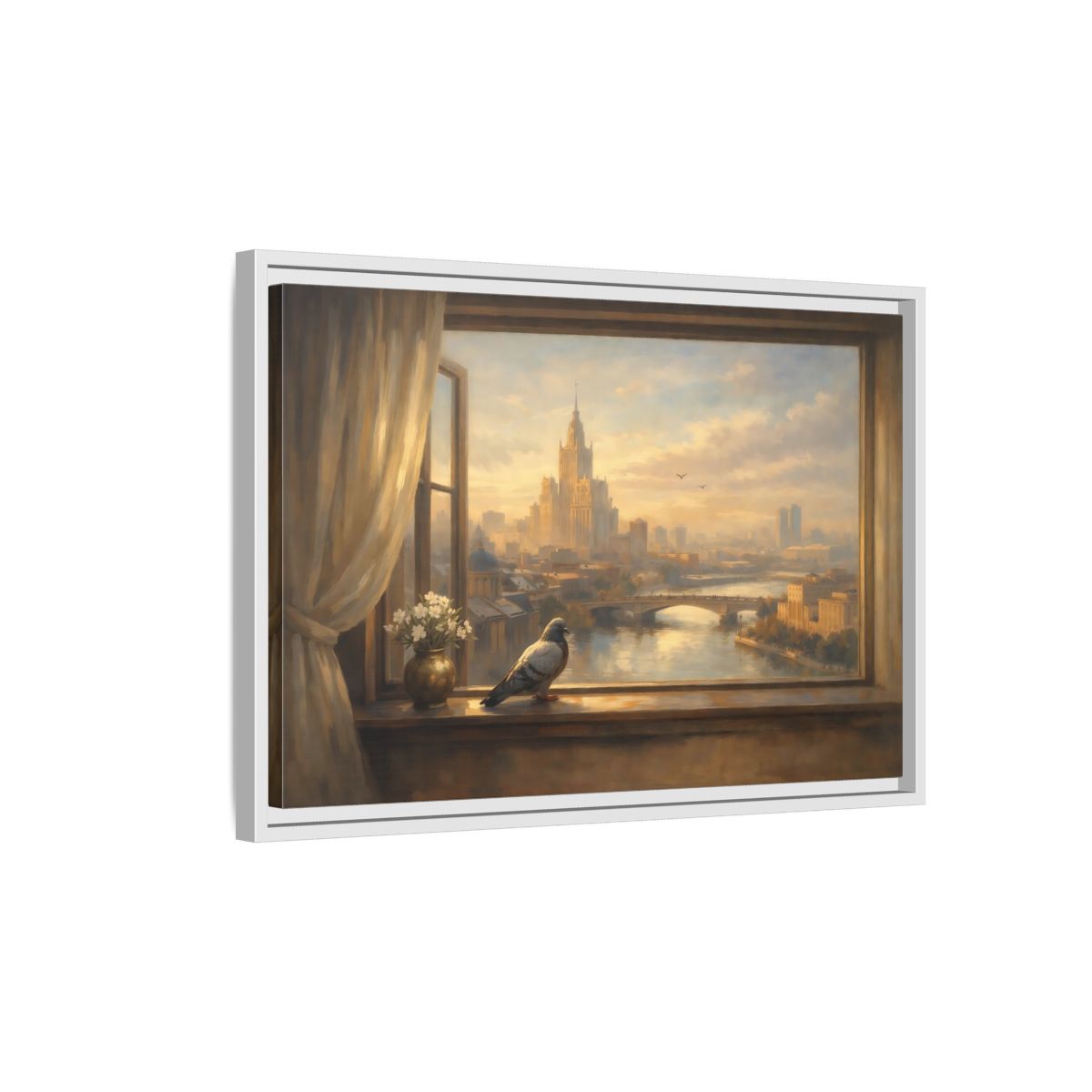Side Mockup 1. Birds Pigeon Brown And Gold shown as stretched canvas wall art