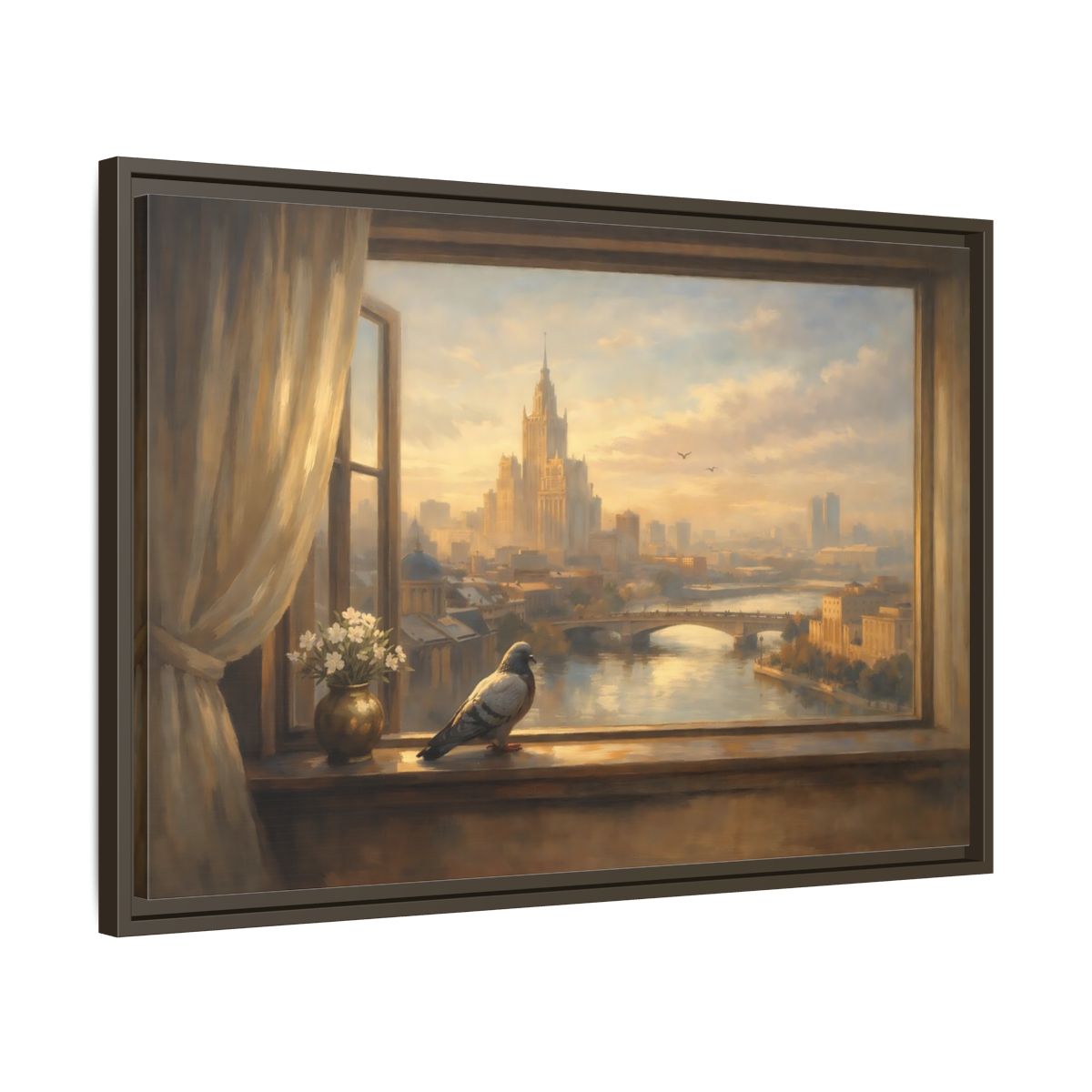 Side Mockup 11. Birds Pigeon Brown And Gold shown as stretched canvas wall art