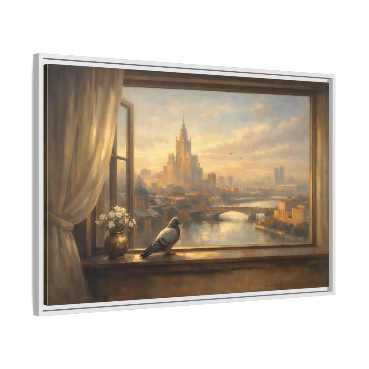 Side Mockup 8. Birds Pigeon Brown And Gold shown as stretched canvas wall art
