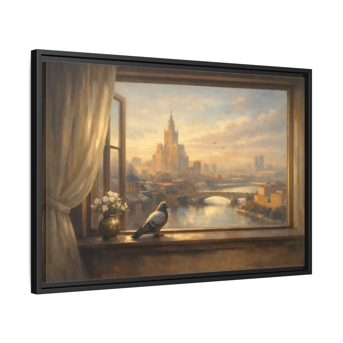 Side Mockup 14. Birds Pigeon Brown And Gold shown as stretched canvas wall art