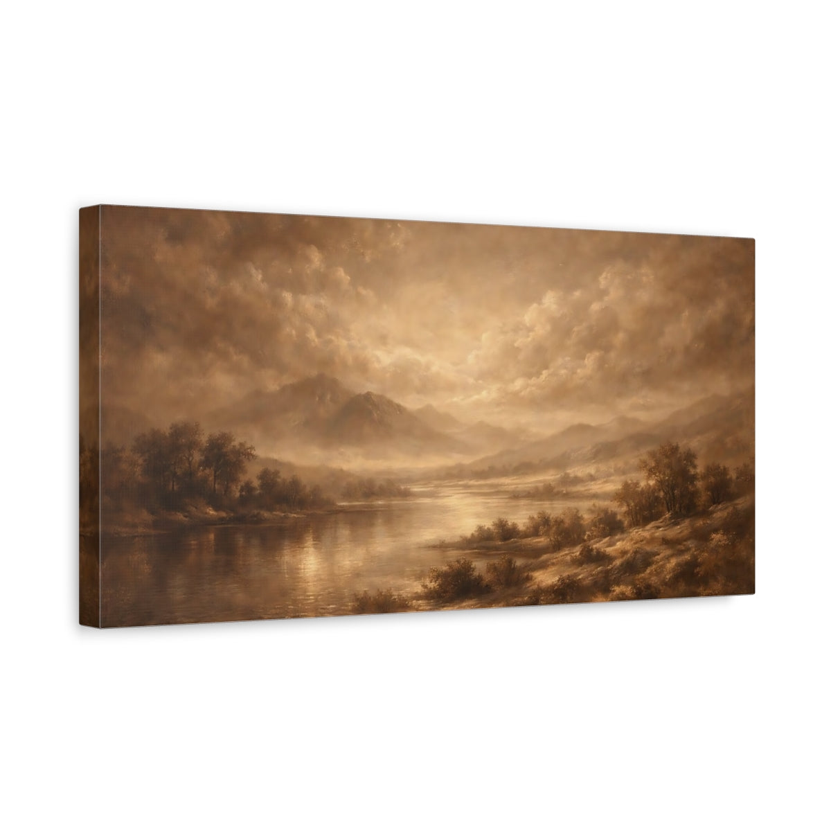 Side Mockup 3. Nature Mountain Lake Sepia Landscape shown as stretched canvas wall art