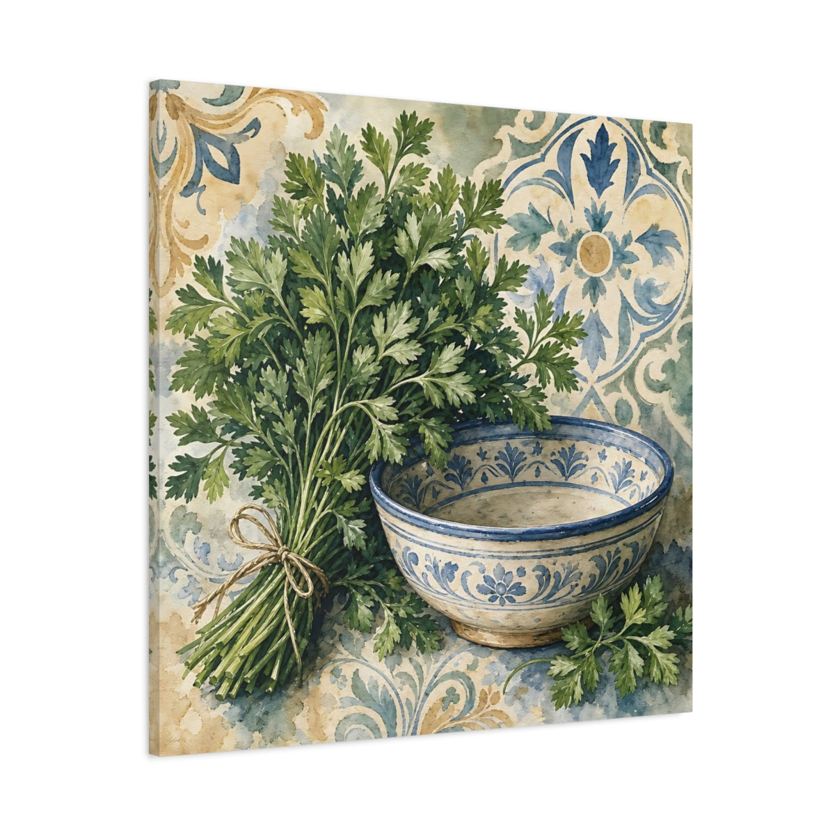 Main Mockup. Vintage Parsley Green And Blue shown as stretched canvas wall art
