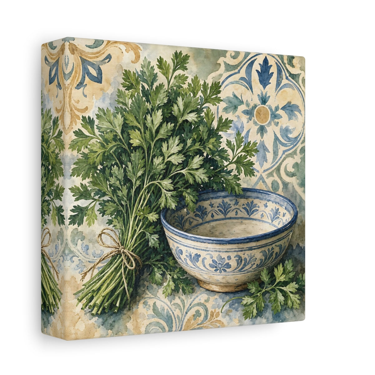 Side Mockup 2. Vintage Parsley Green And Blue shown as stretched canvas wall art