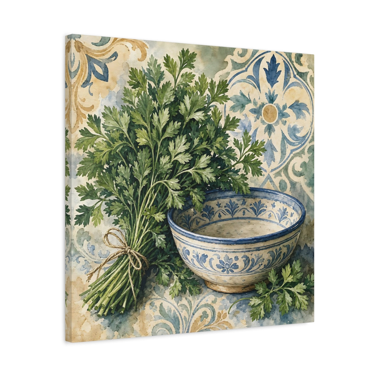 Side Mockup 4. Vintage Parsley Green And Blue shown as stretched canvas wall art
