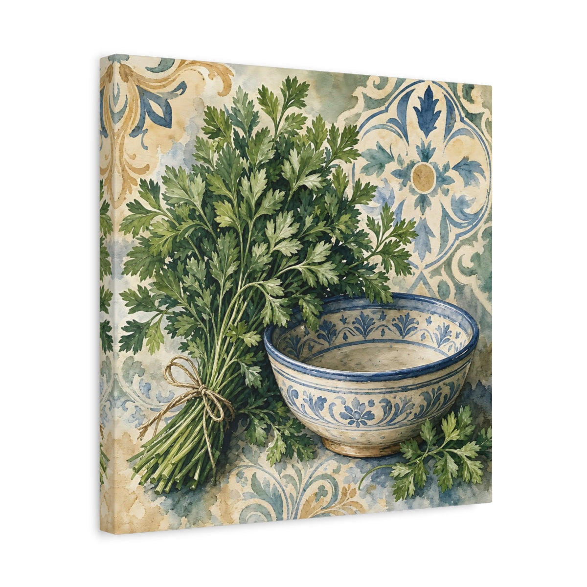 Side Mockup 6. Vintage Parsley Green And Blue shown as stretched canvas wall art