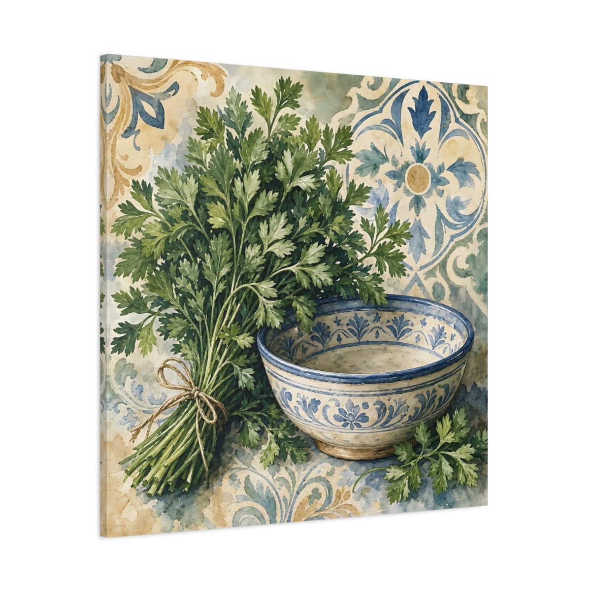 Side Mockup 1. Vintage Parsley Green And Blue shown as stretched canvas wall art