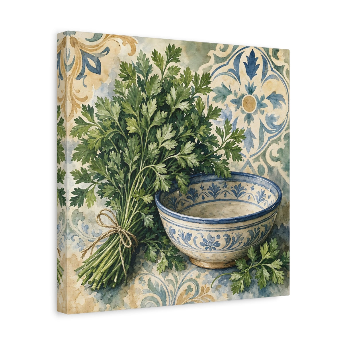 Side Mockup 7. Vintage Parsley Green And Blue shown as stretched canvas wall art