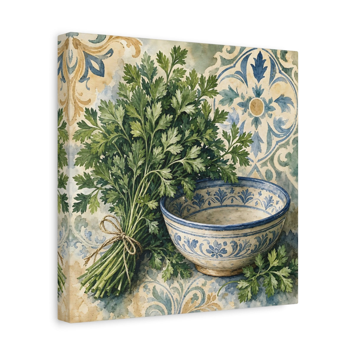 Side Mockup 8. Vintage Parsley Green And Blue shown as stretched canvas wall art
