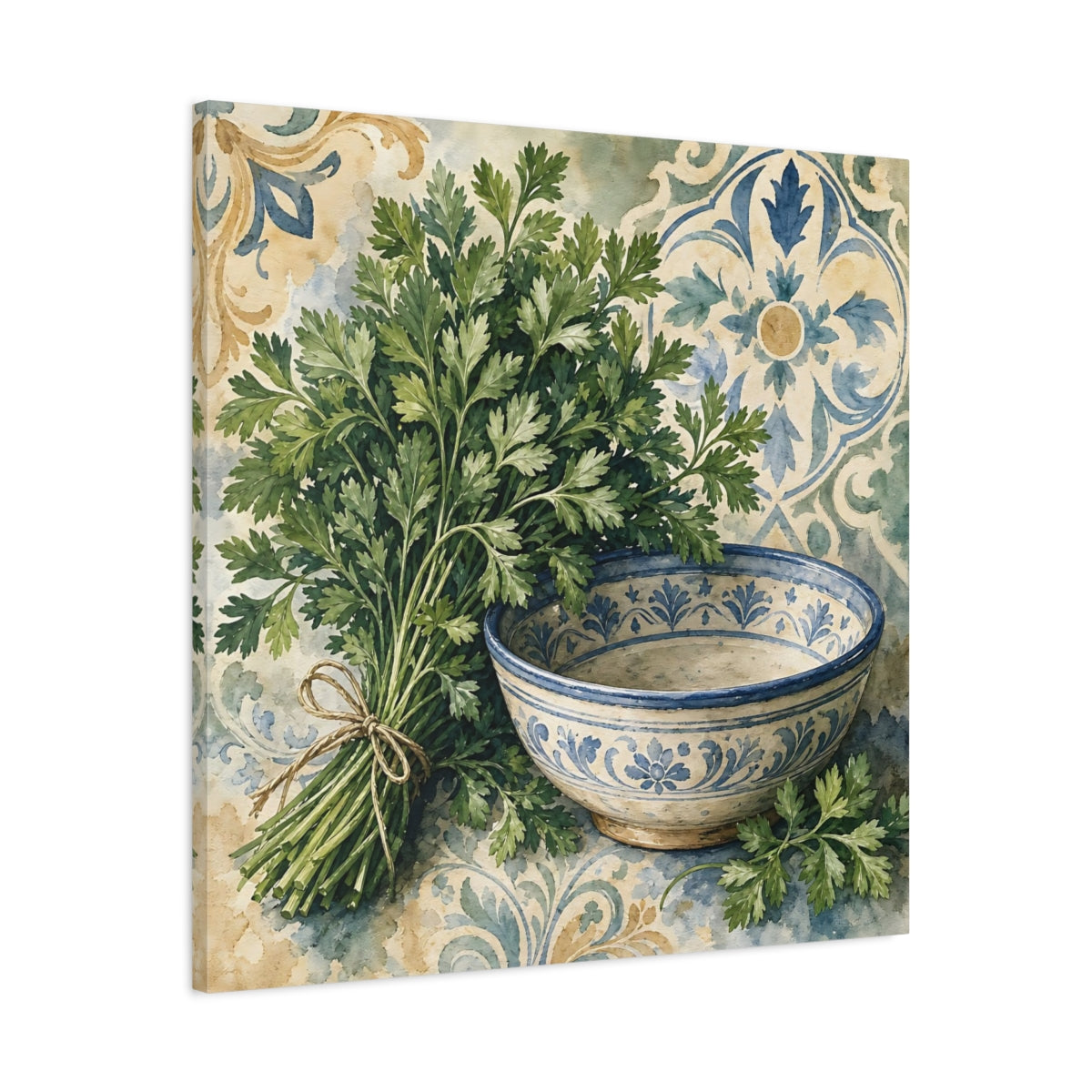 Side Mockup 3. Vintage Parsley Green And Blue shown as stretched canvas wall art