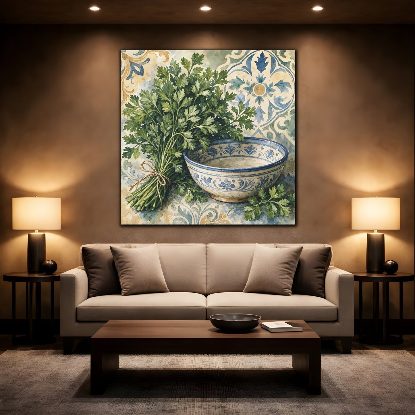 Mockup 2. Vintage Parsley Green And Blue shown as stretched canvas wall art