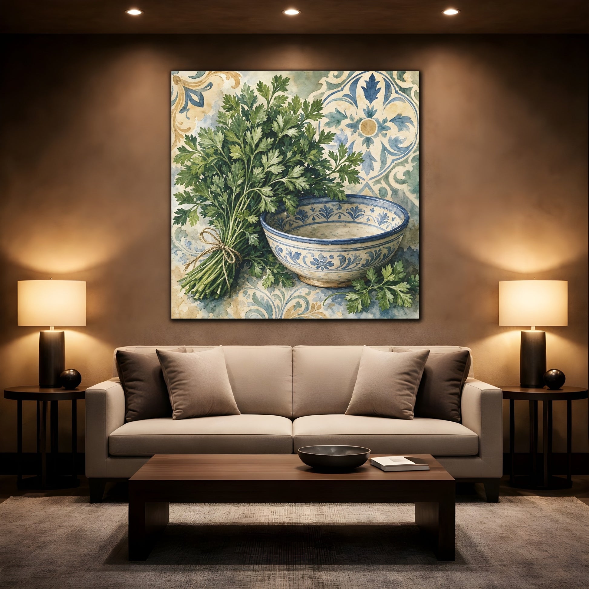 Mockup 2. Vintage Parsley Green And Blue shown as stretched canvas wall art