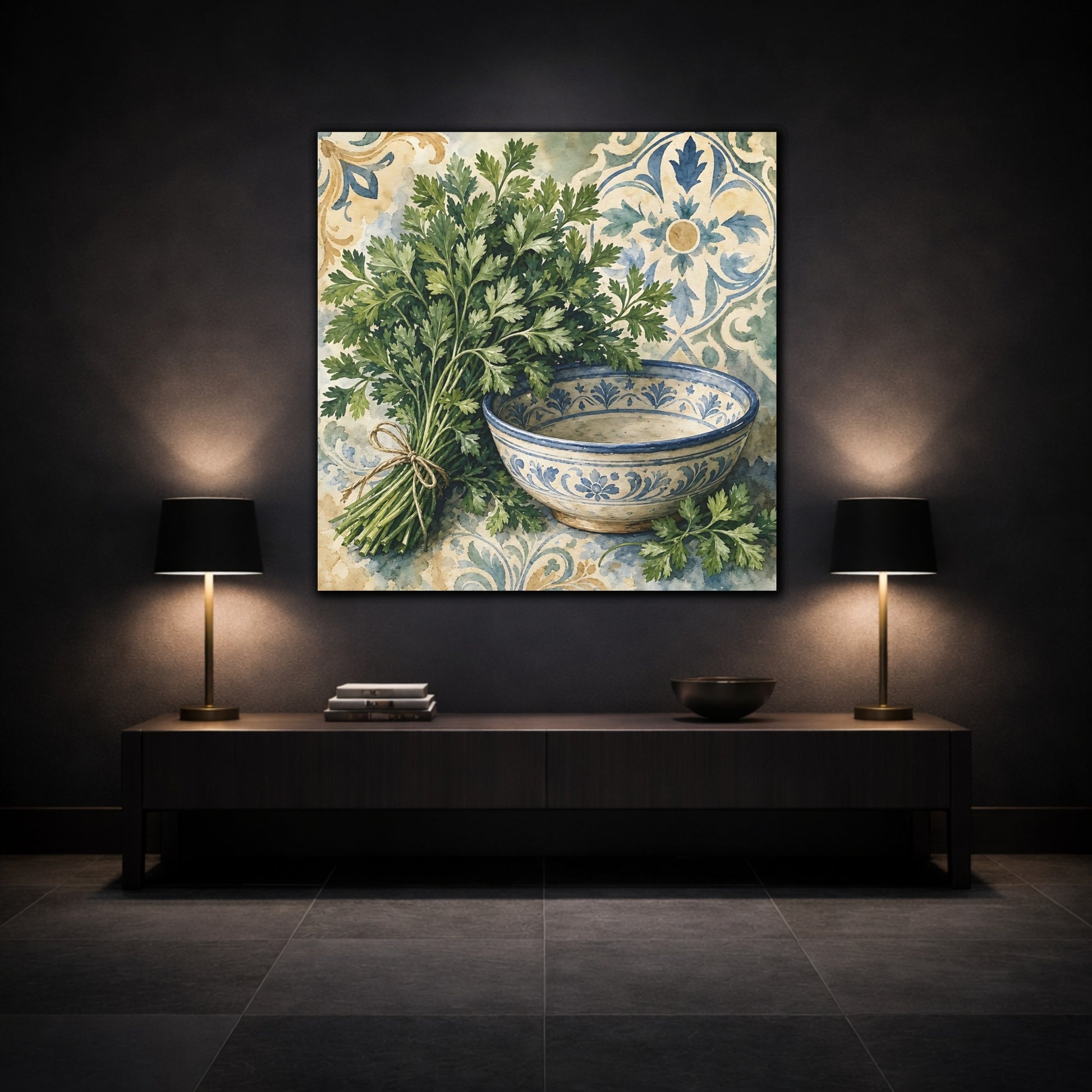 Mockup 3. Vintage Parsley Green And Blue shown as stretched canvas wall art