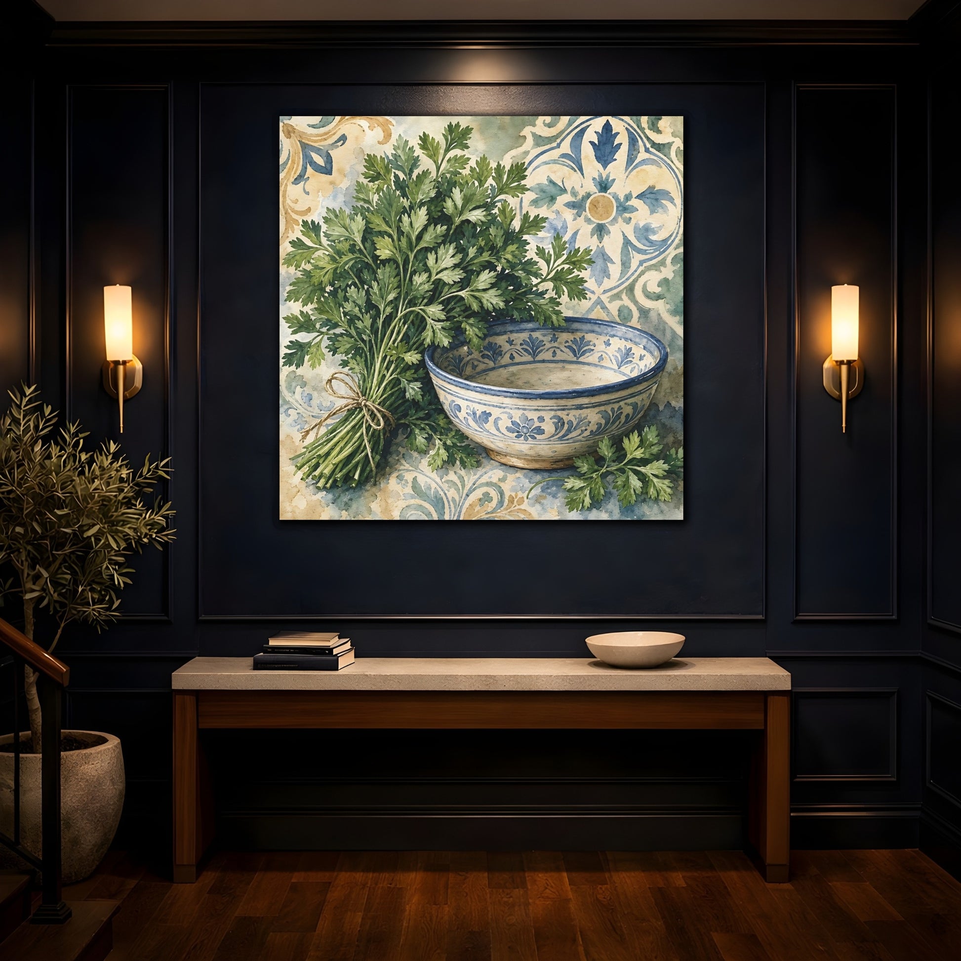 Mockup 4. Vintage Parsley Green And Blue shown as stretched canvas wall art