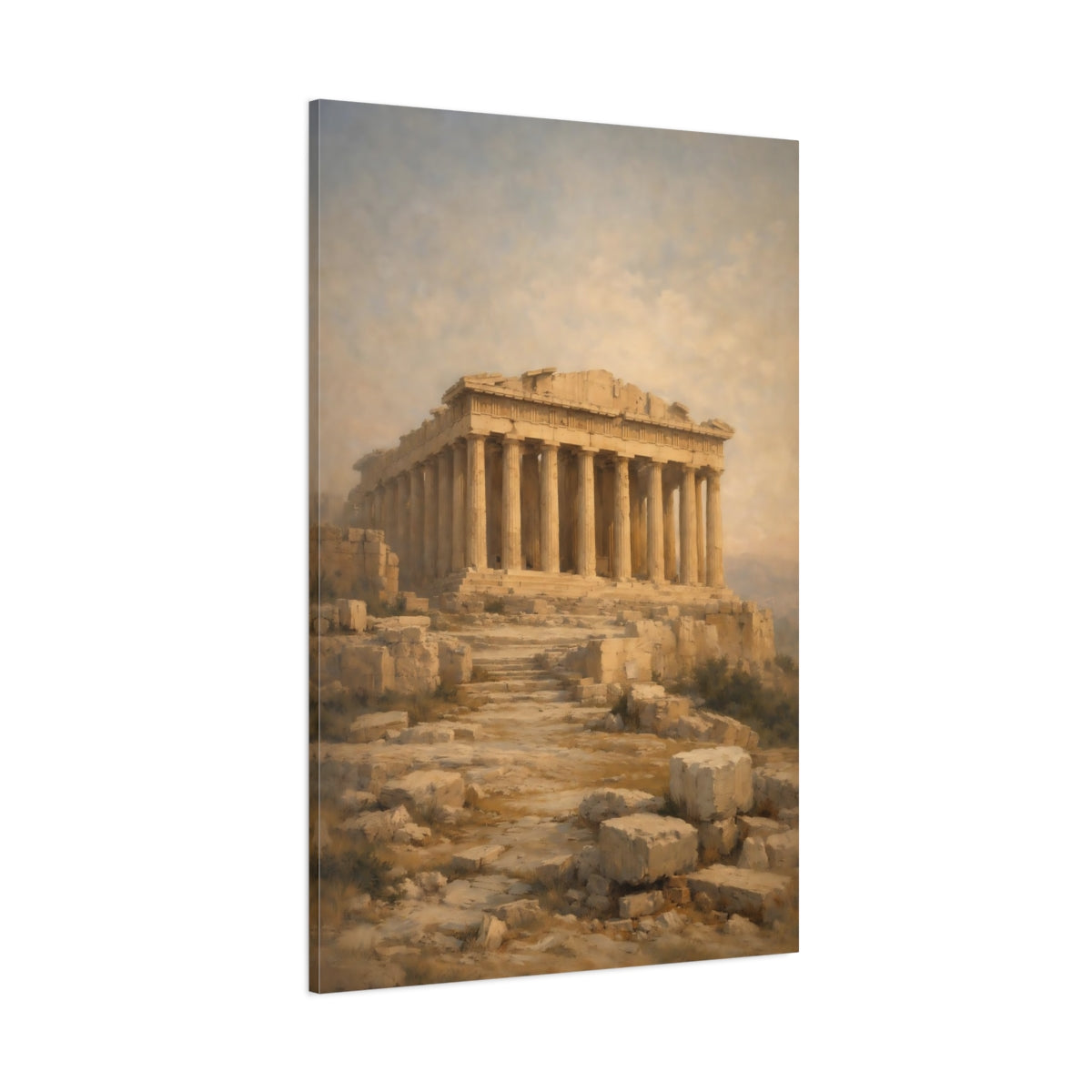 Main Mockup. Vintage Parthenon Ancient Gold shown as stretched canvas wall art