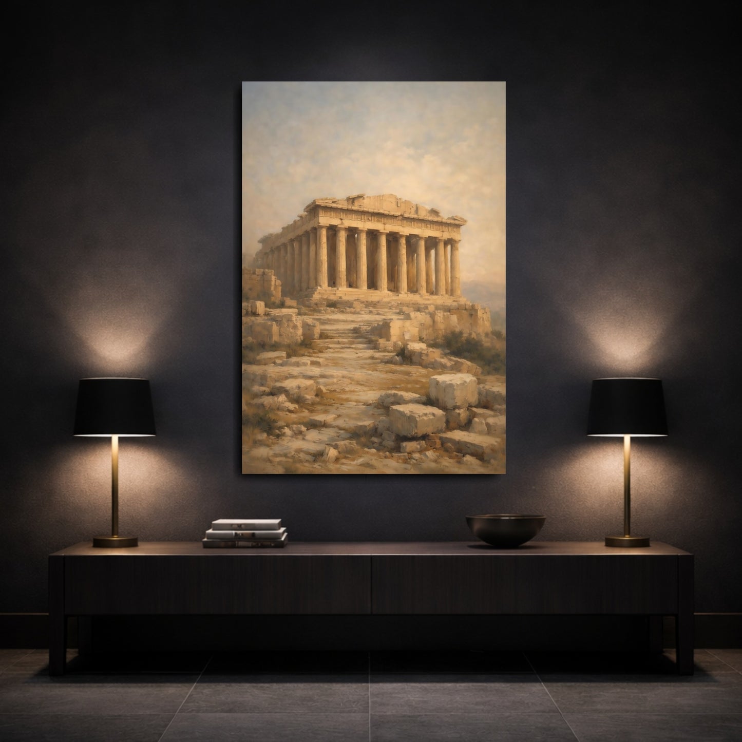 Mockup 2. Vintage Parthenon Ancient Gold shown as stretched canvas wall art