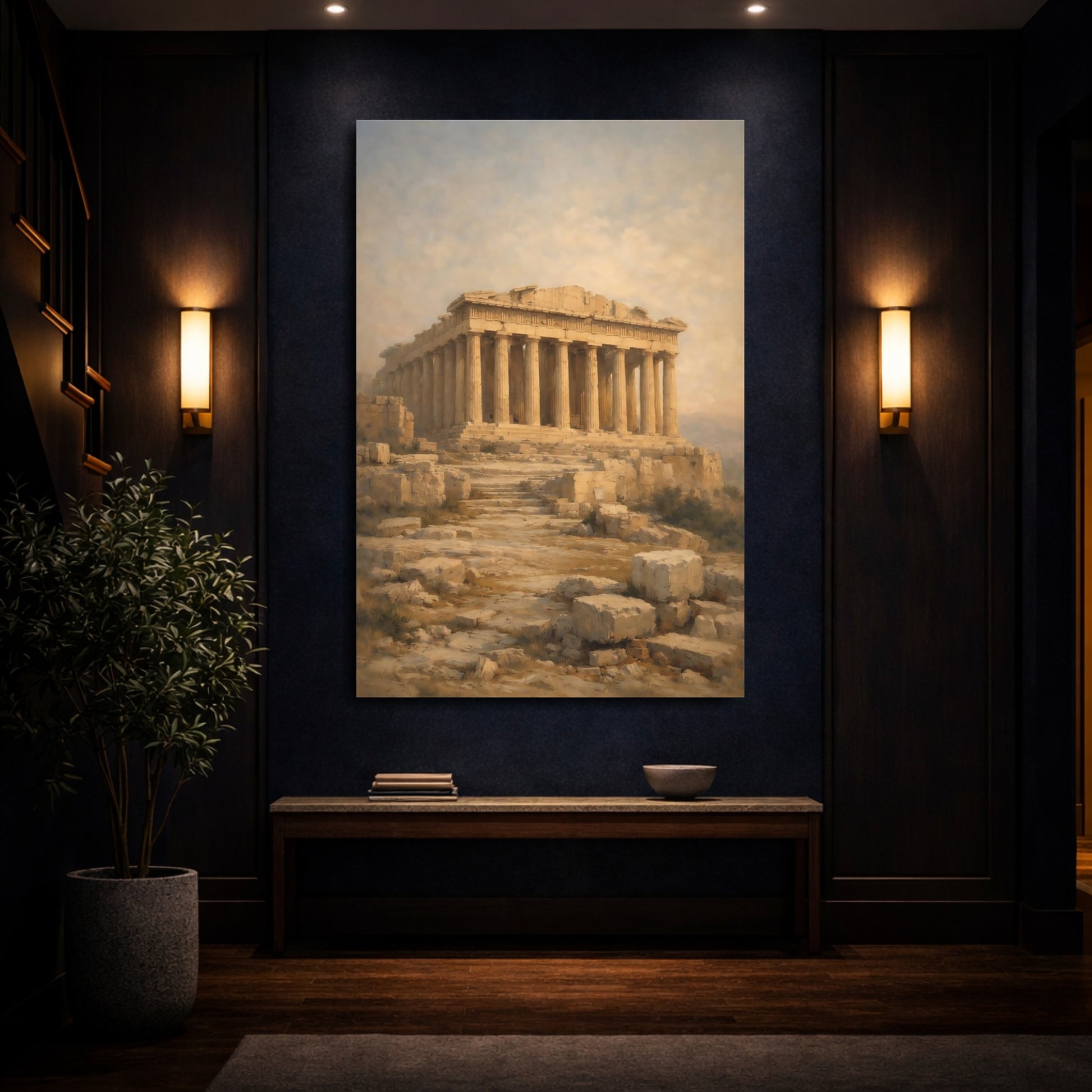 Mockup 3. Vintage Parthenon Ancient Gold shown as stretched canvas wall art