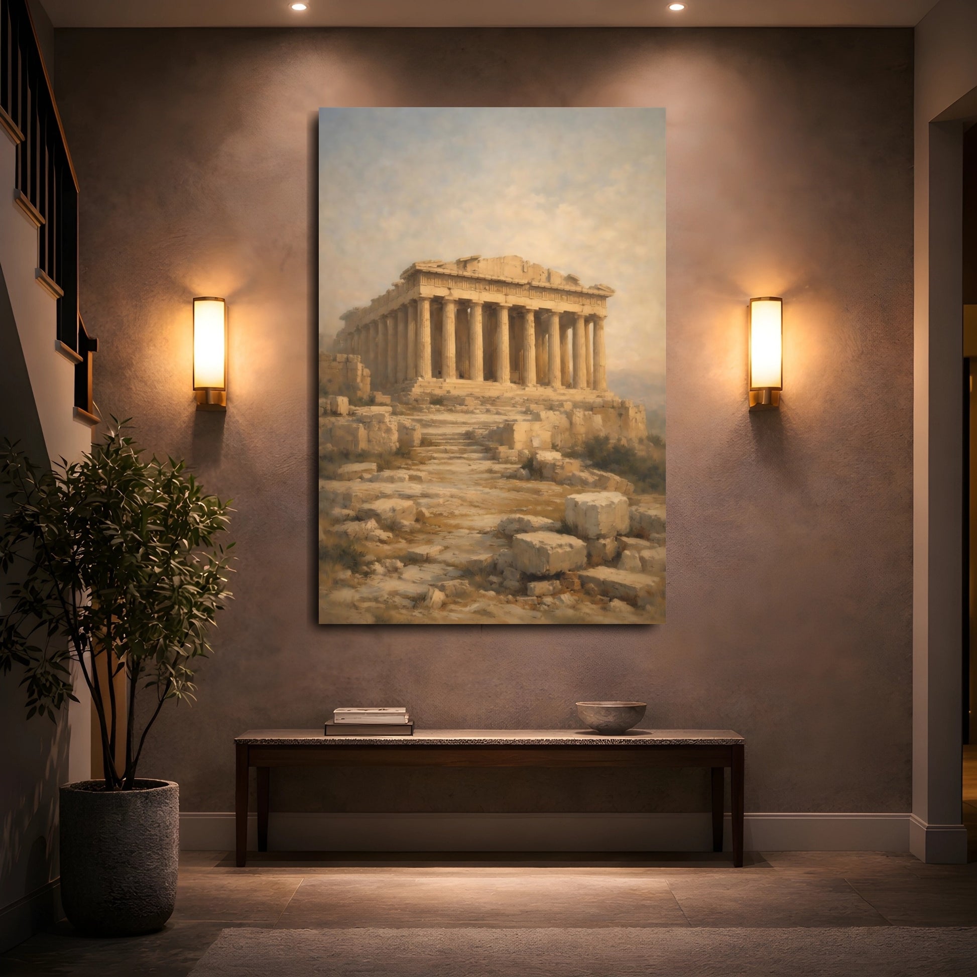 Mockup 4. Vintage Parthenon Ancient Gold shown as stretched canvas wall art