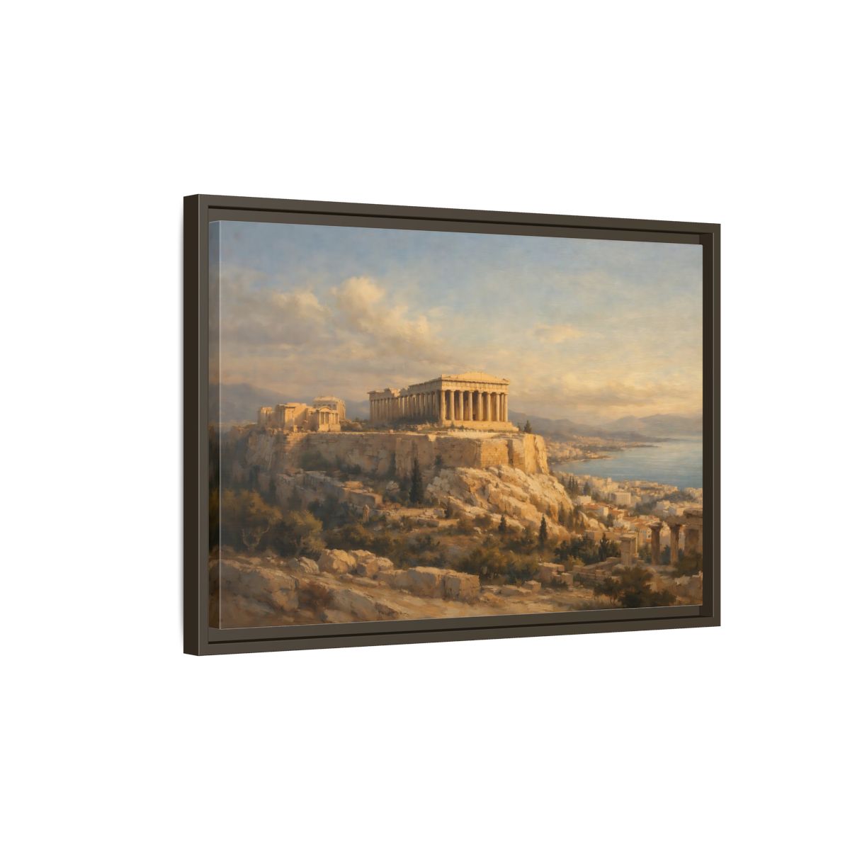 Side Mockup 2. Vintage Parthenon Gold And Blue shown as stretched canvas wall art