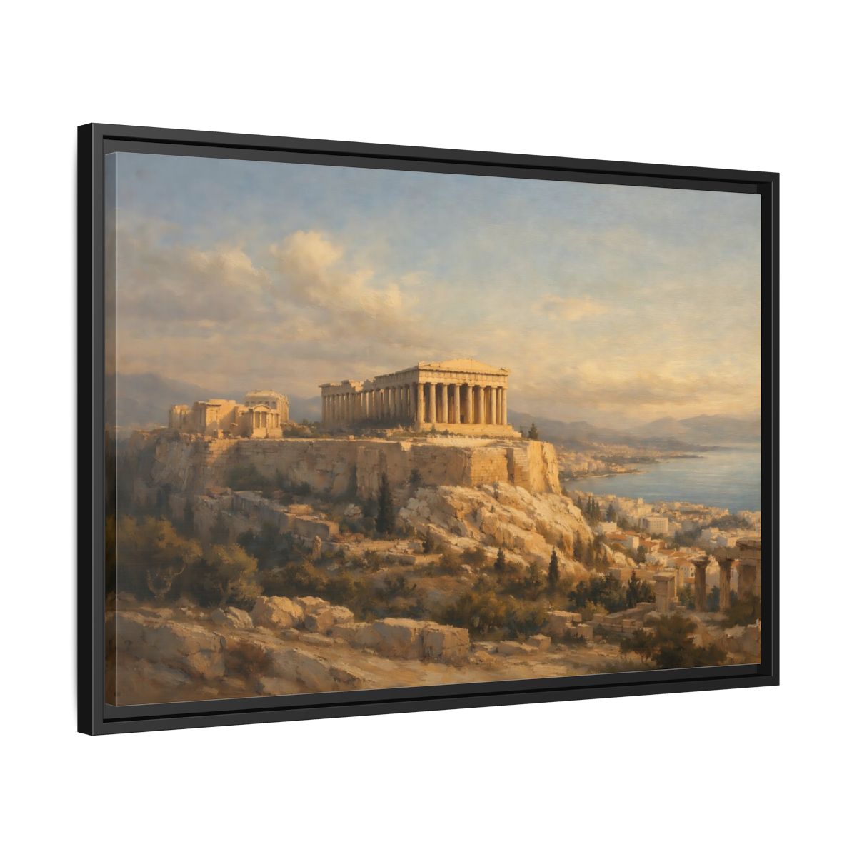 Side Mockup 14. Vintage Parthenon Gold And Blue shown as stretched canvas wall art