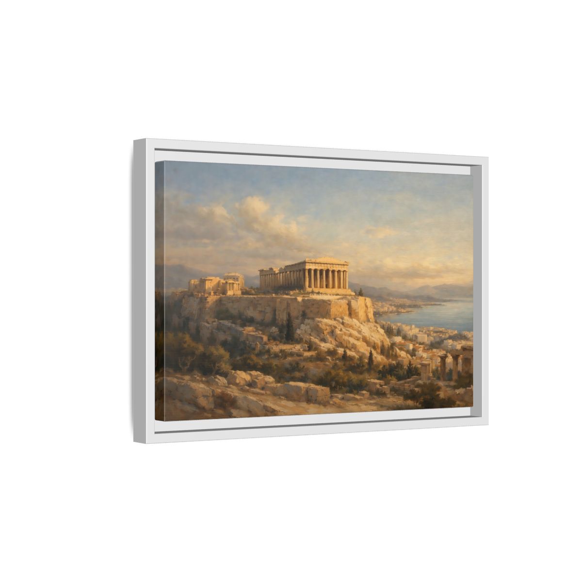 Side Mockup 4. Vintage Parthenon Gold And Blue shown as stretched canvas wall art