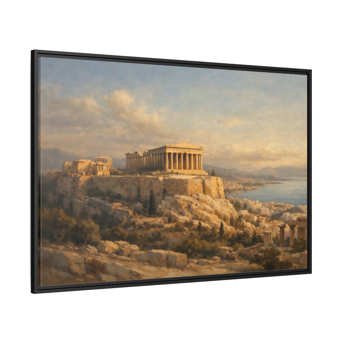 Side Mockup 12. Vintage Parthenon Gold And Blue shown as stretched canvas wall art