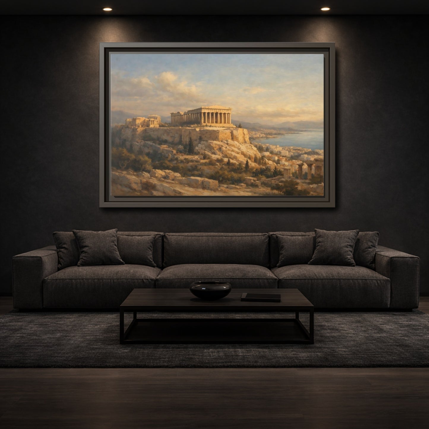 Mockup 2. Vintage Parthenon Gold And Blue shown as stretched canvas wall art