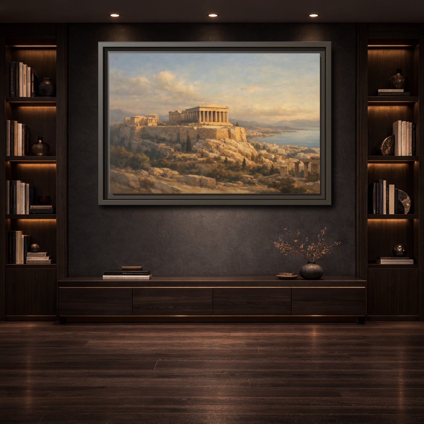 Mockup 3. Vintage Parthenon Gold And Blue shown as stretched canvas wall art