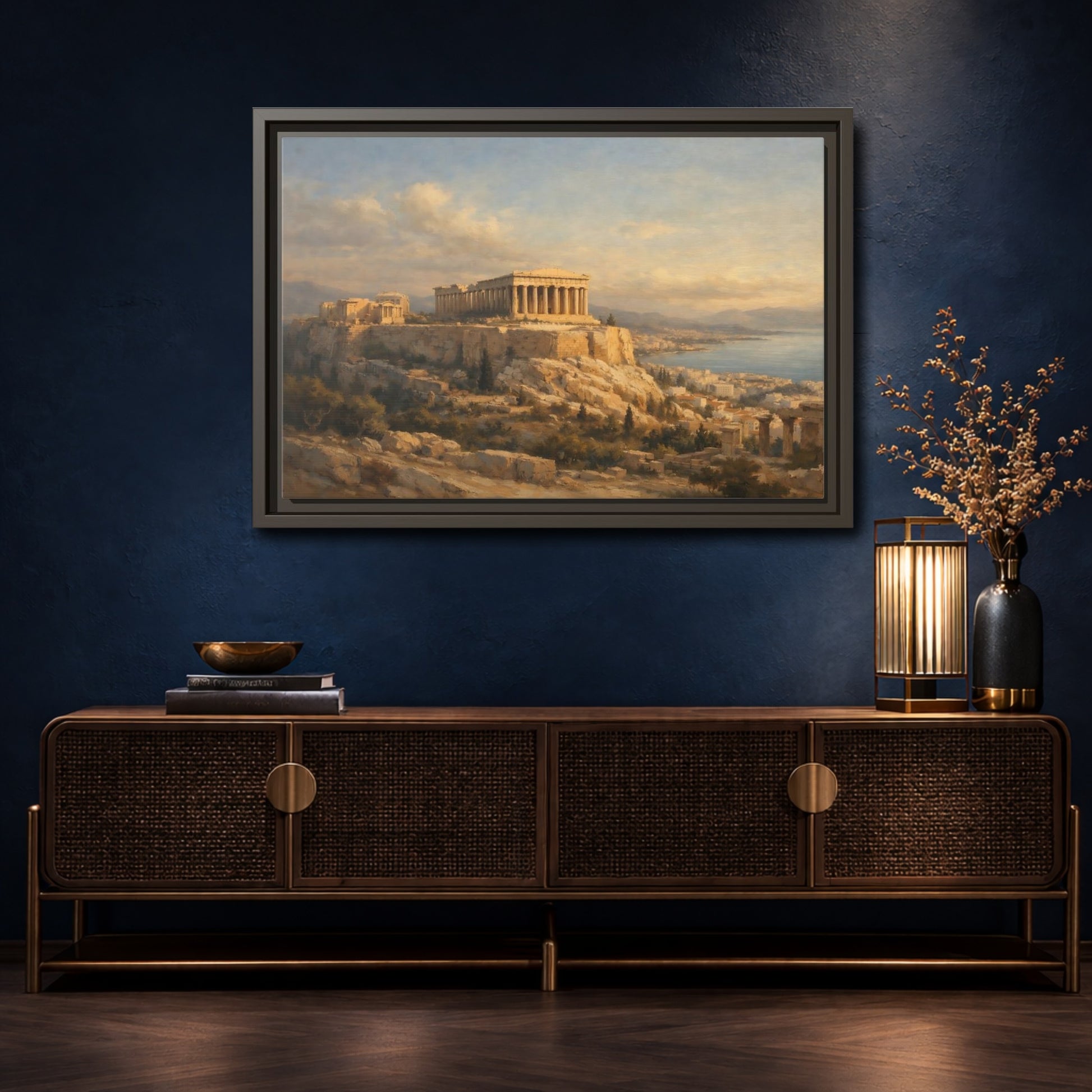 Mockup 4. Vintage Parthenon Gold And Blue shown as stretched canvas wall art