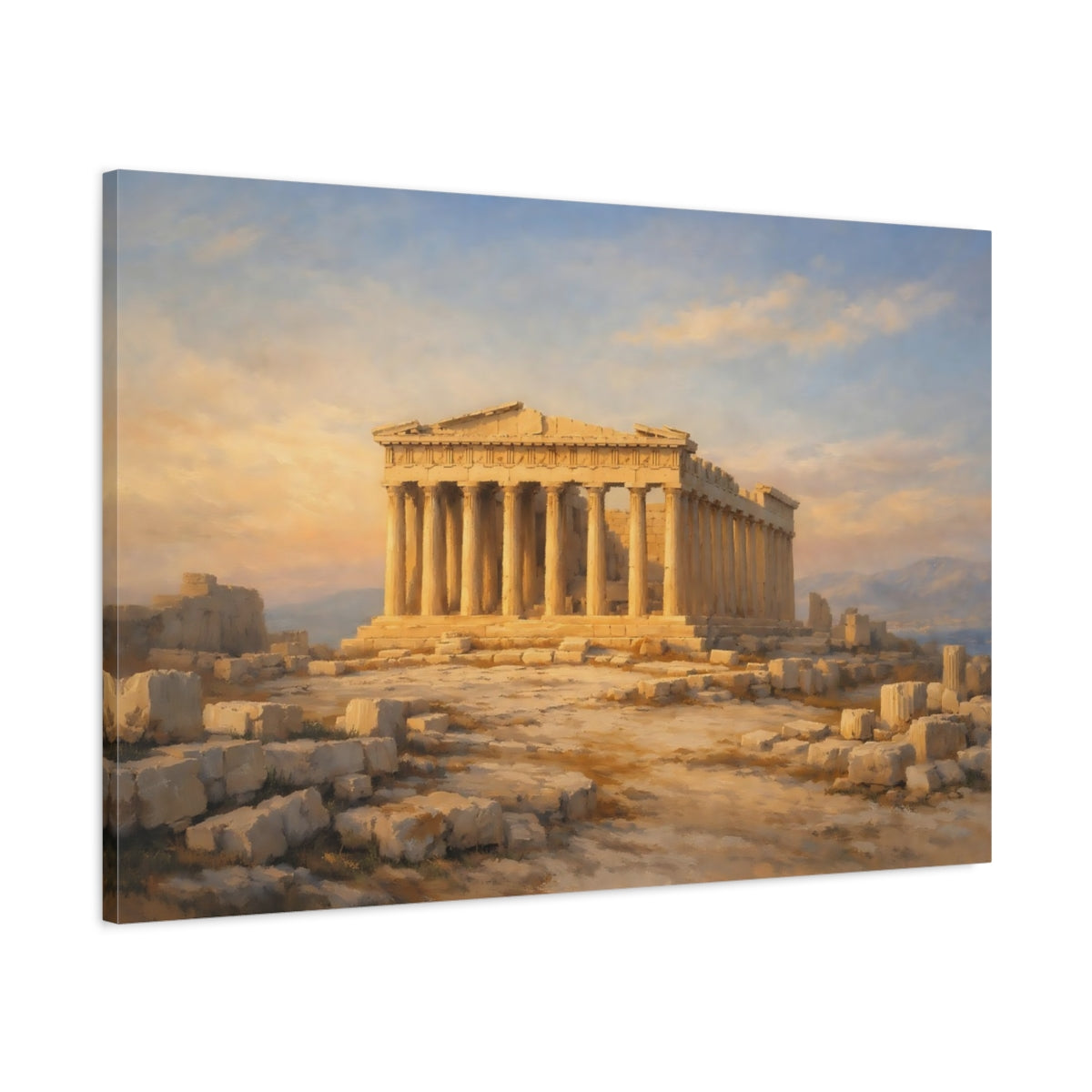 Side Mockup 1. Vintage Parthenon Parthenon Gold Blue shown as stretched canvas wall art