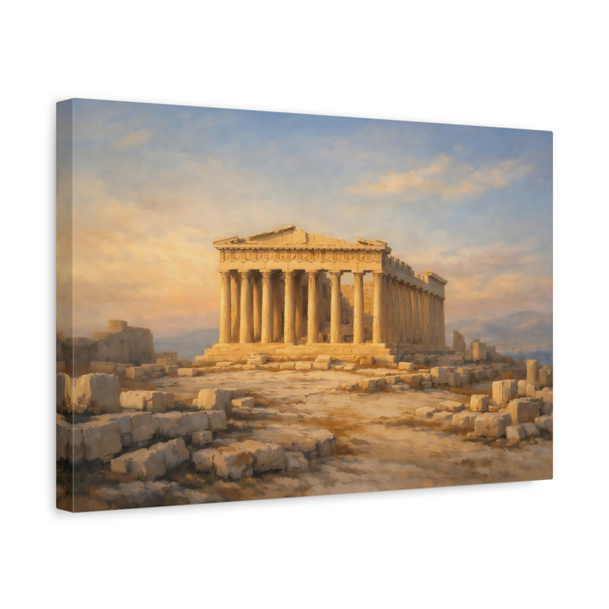 Side Mockup 4. Vintage Parthenon Parthenon Gold Blue shown as stretched canvas wall art