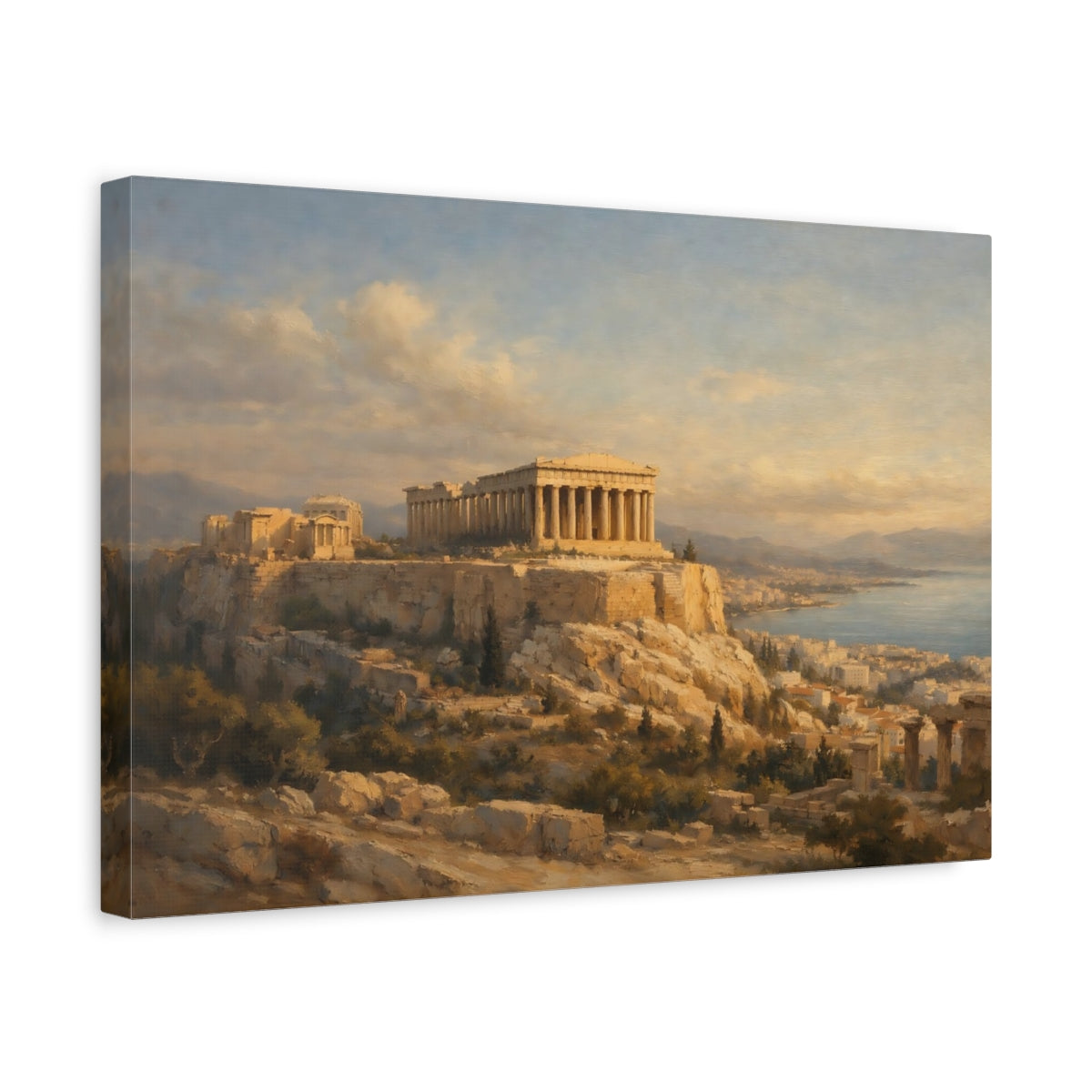 Side Mockup 4. Vintage Parthenon Golden Acropolis shown as stretched canvas wall art