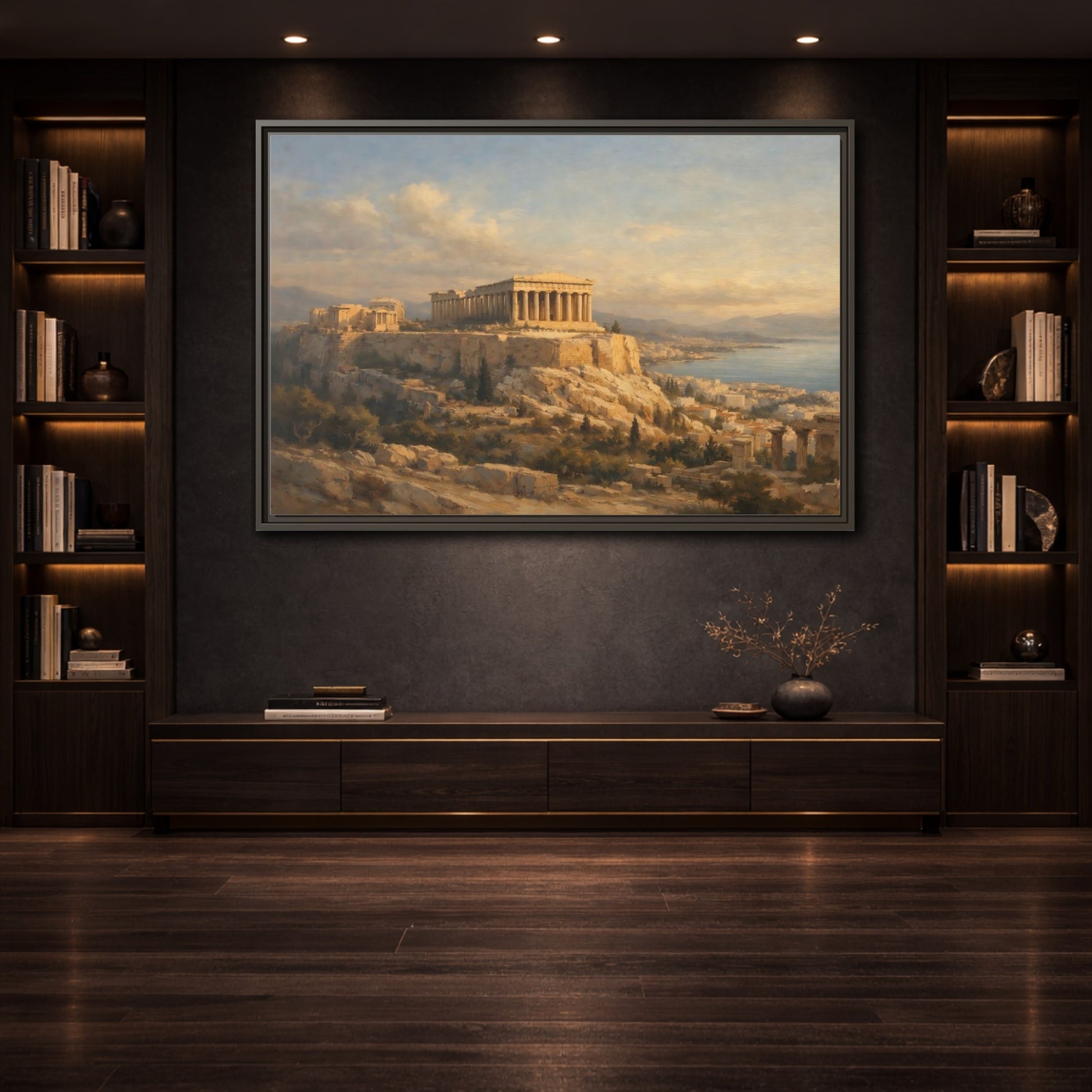 Mockup 3. Vintage Parthenon Golden Hour Landscape shown as stretched canvas wall art