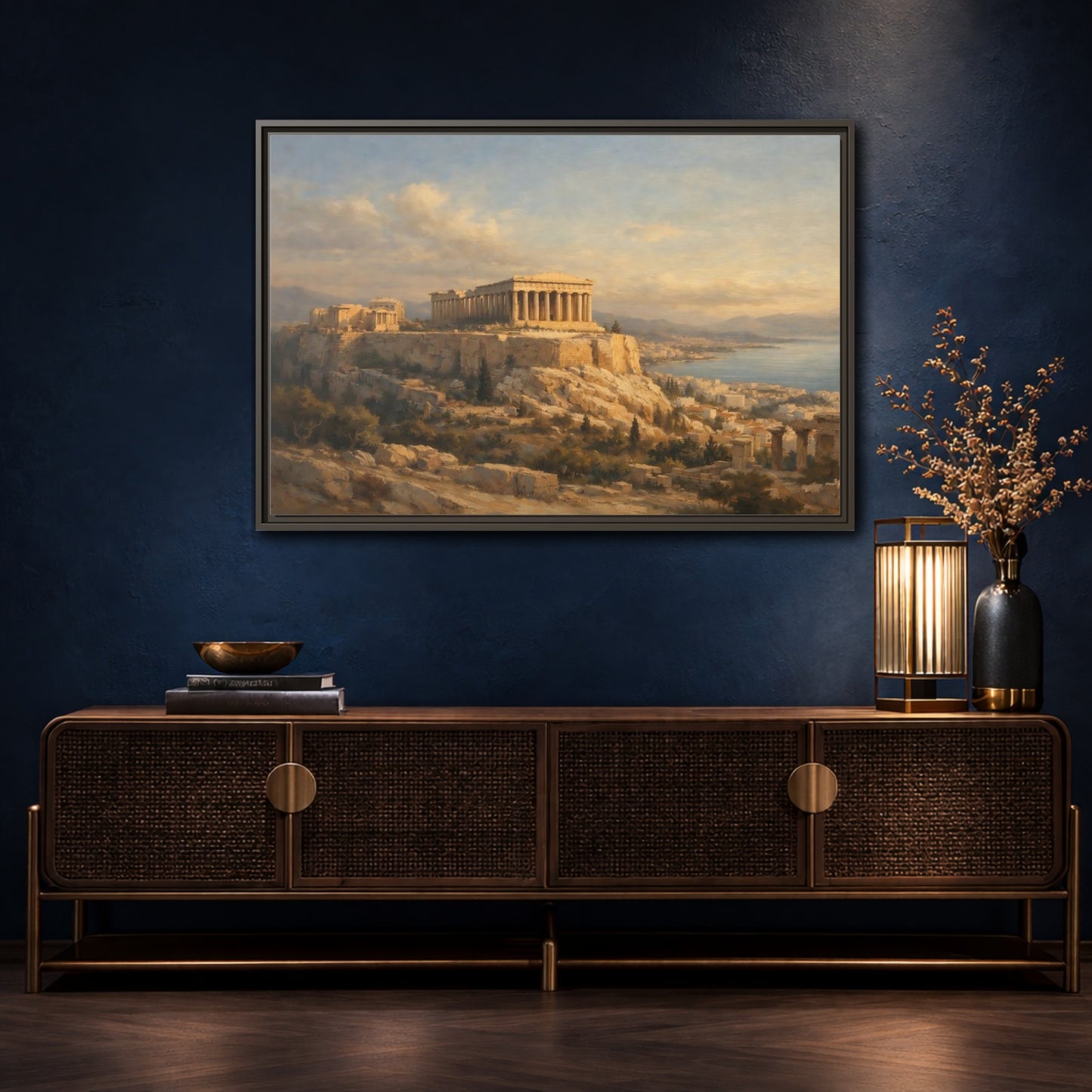 Mockup 4. Vintage Parthenon Golden Hour Landscape shown as stretched canvas wall art