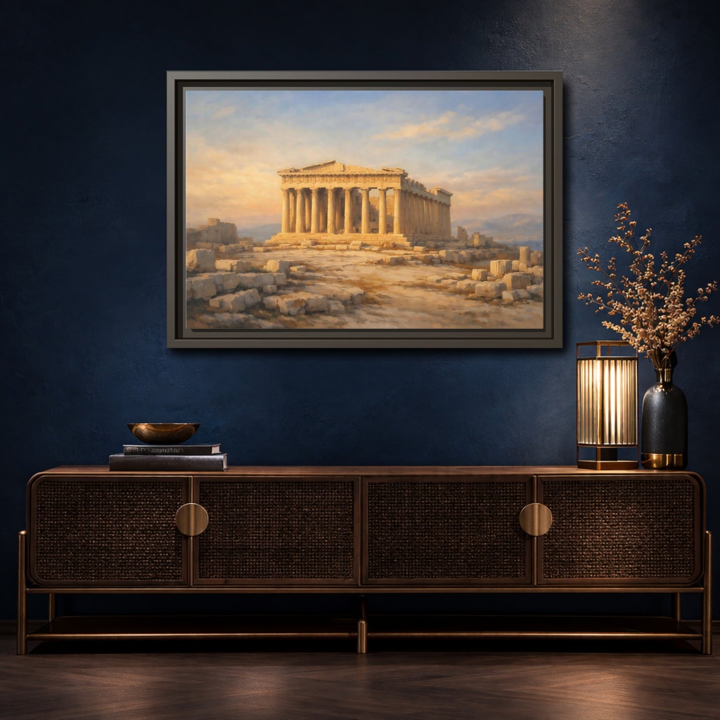 Mockup 4. Vintage Parthenon Golden Parthenon shown as stretched canvas wall art