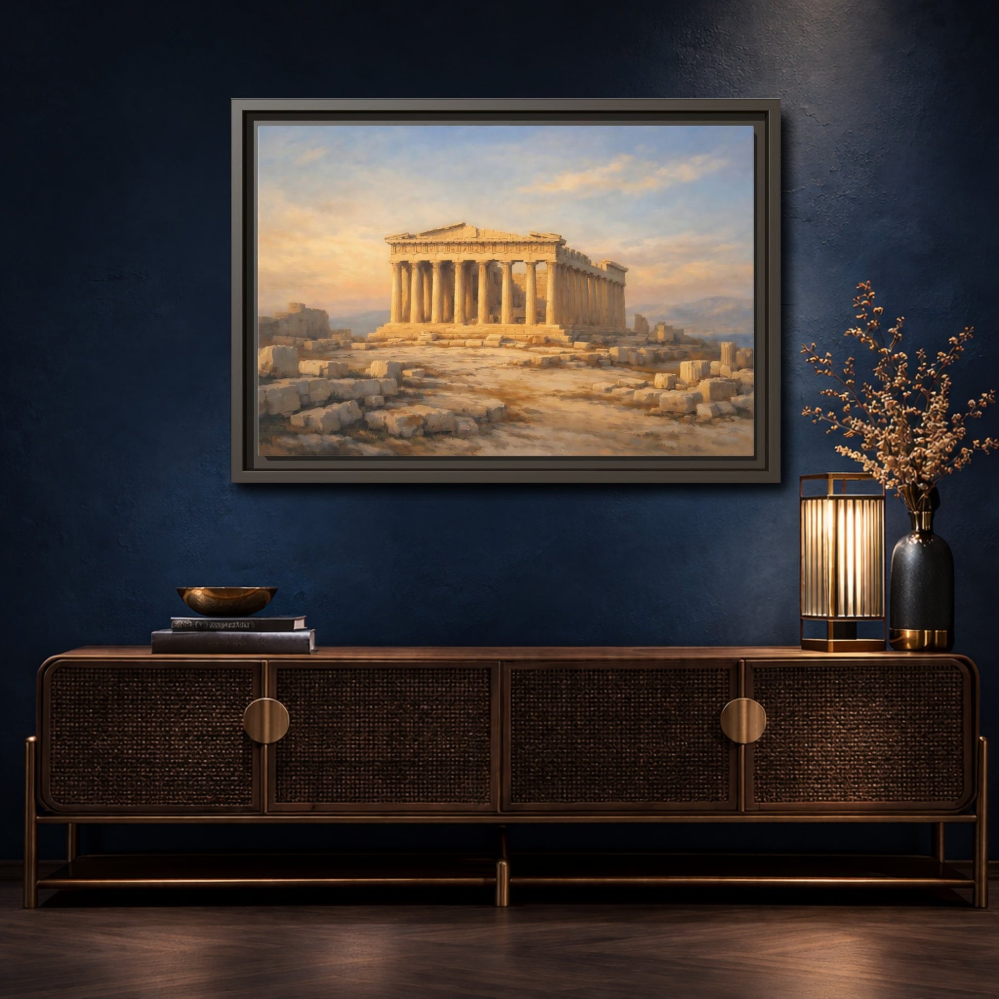 Mockup 4. Vintage Parthenon Golden Parthenon shown as stretched canvas wall art