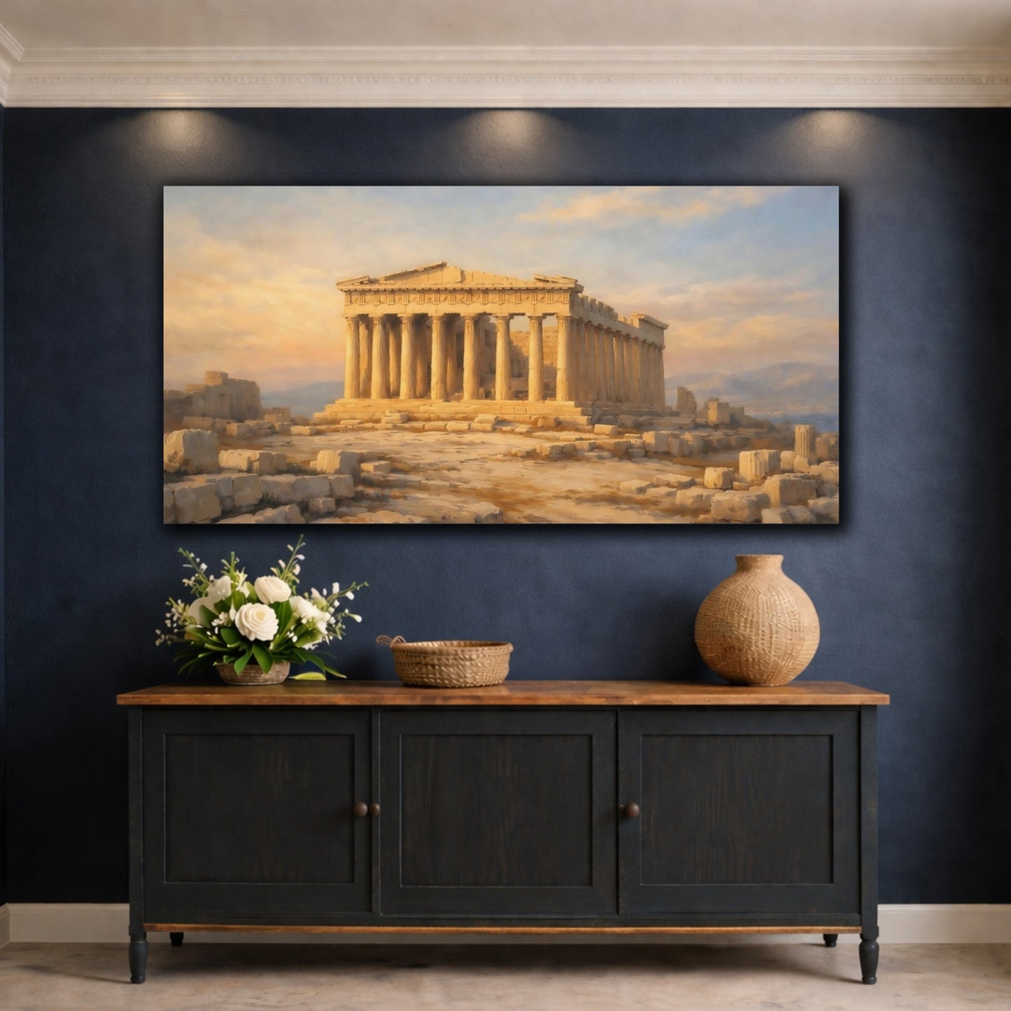 Mockup 4. Vintage Parthenon Golden Parthenon shown as stretched canvas wall art
