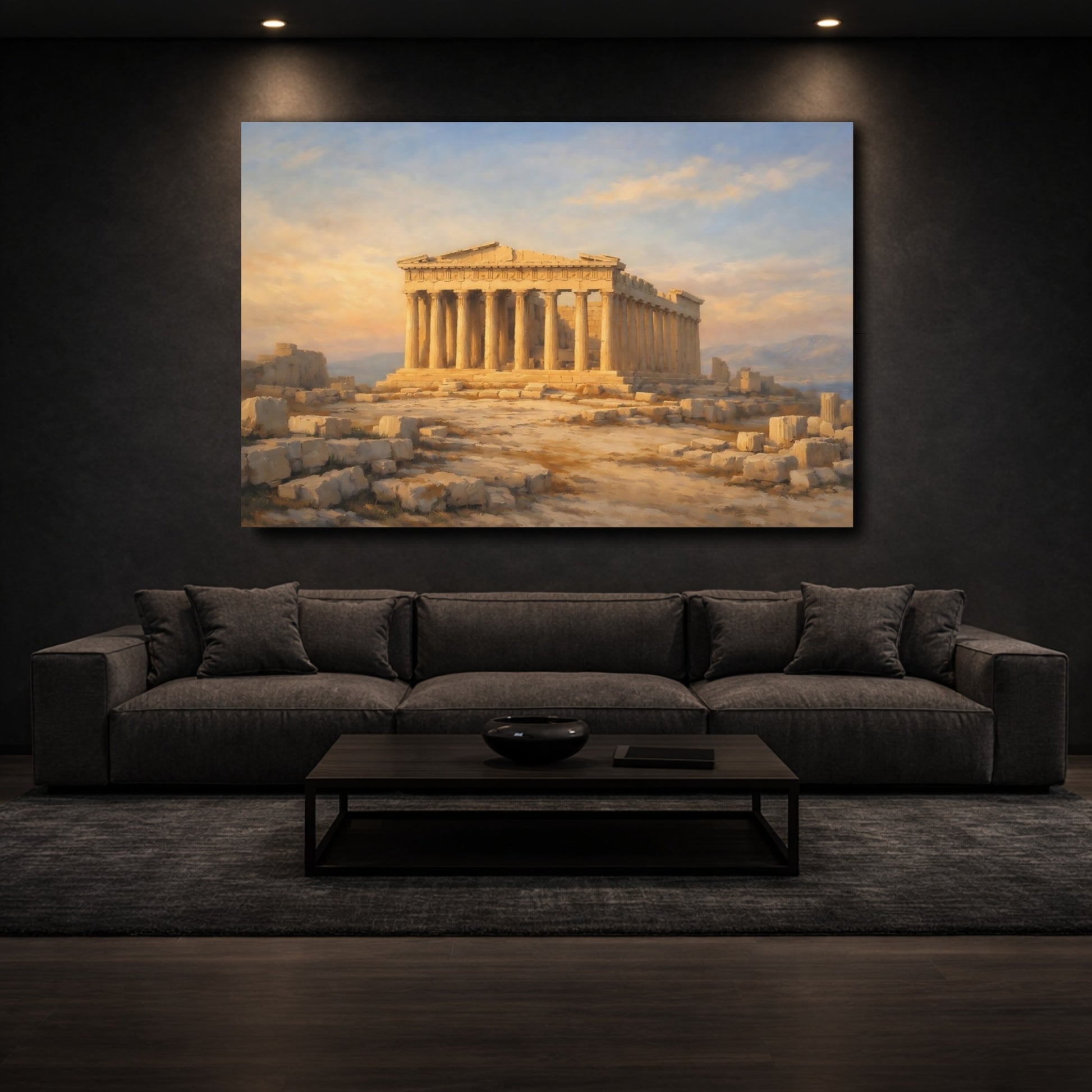 Mockup 2. Vintage Parthenon Parthenon Gold Blue shown as stretched canvas wall art