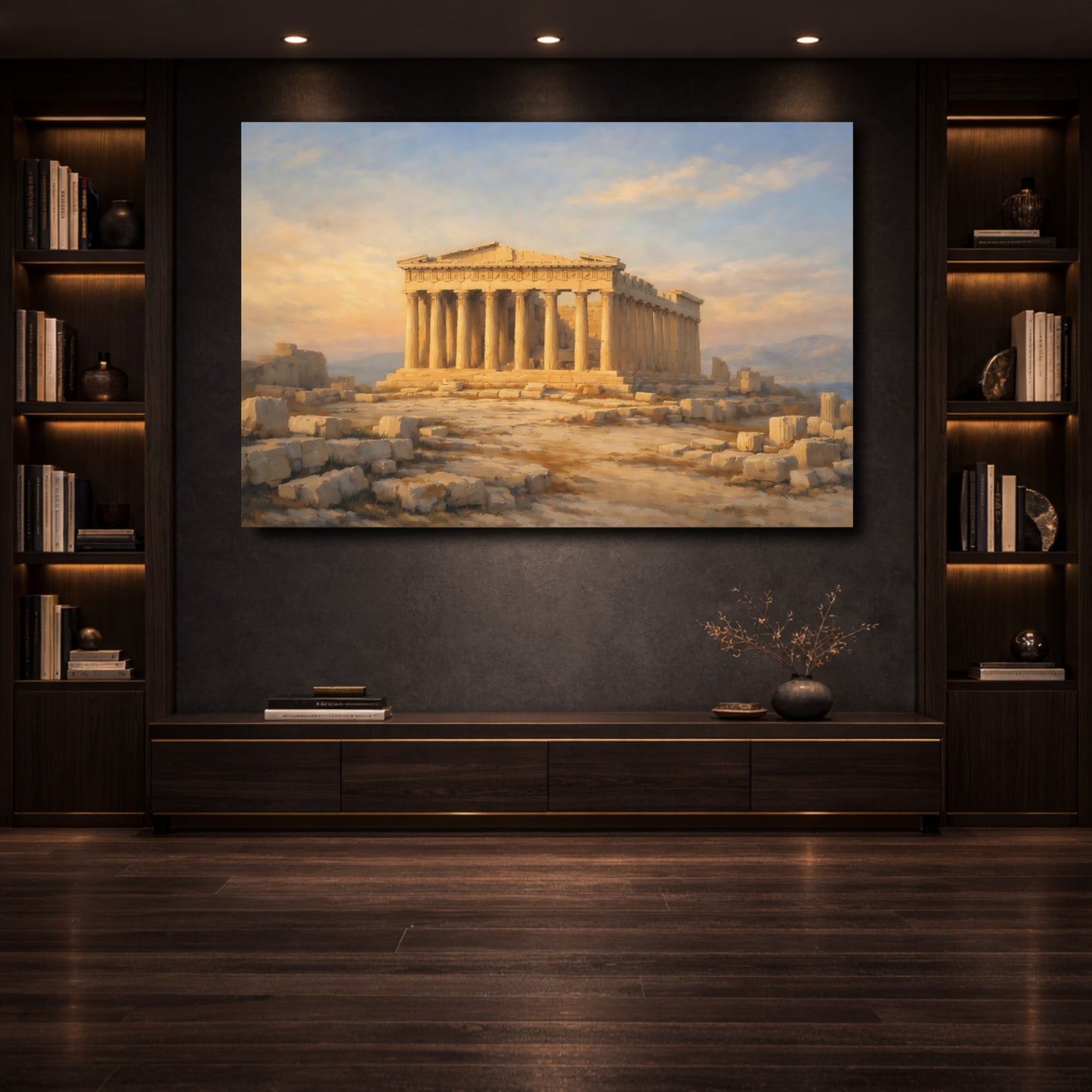 Mockup 3. Vintage Parthenon Parthenon Gold Blue shown as stretched canvas wall art