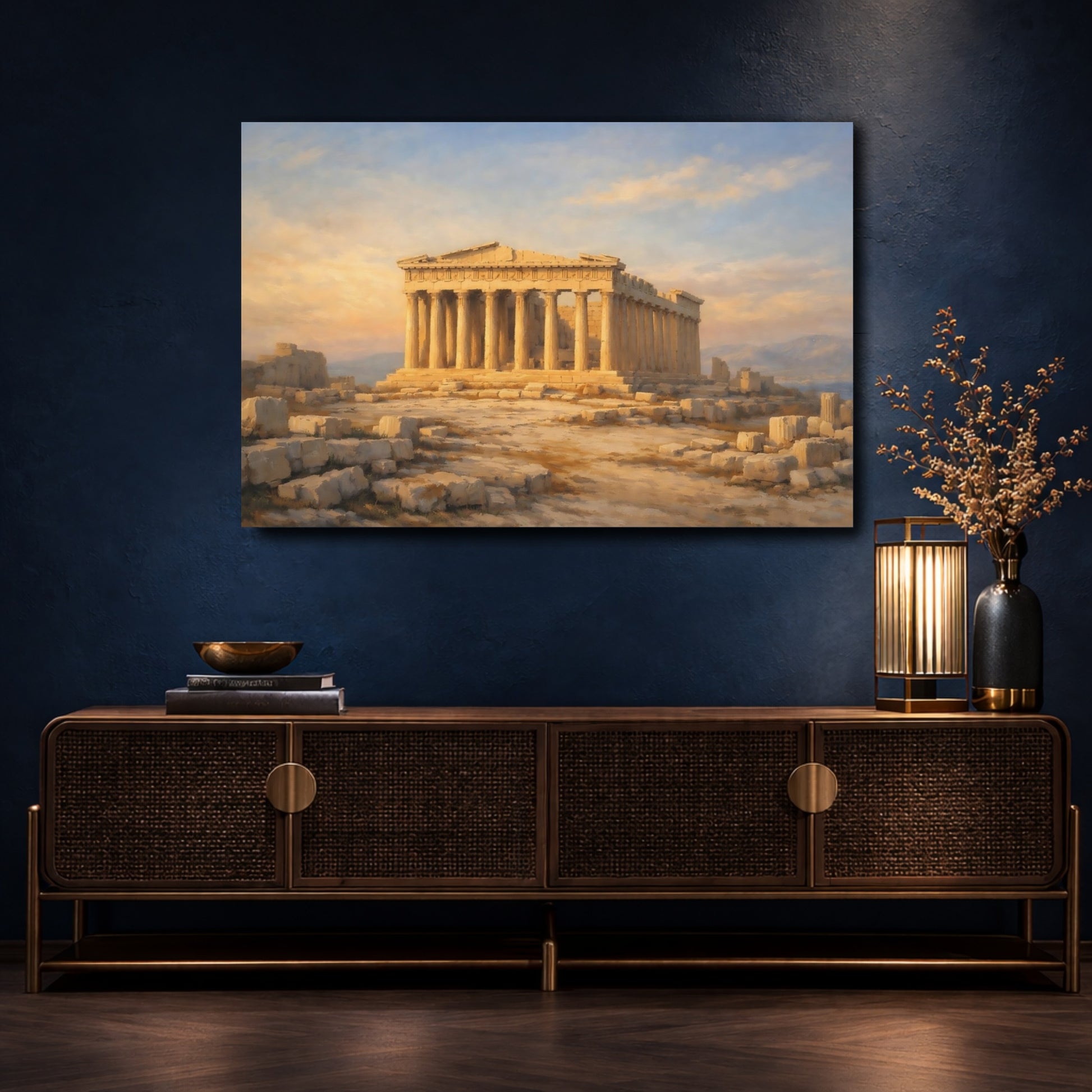 Mockup 4. Vintage Parthenon Parthenon Gold Blue shown as stretched canvas wall art