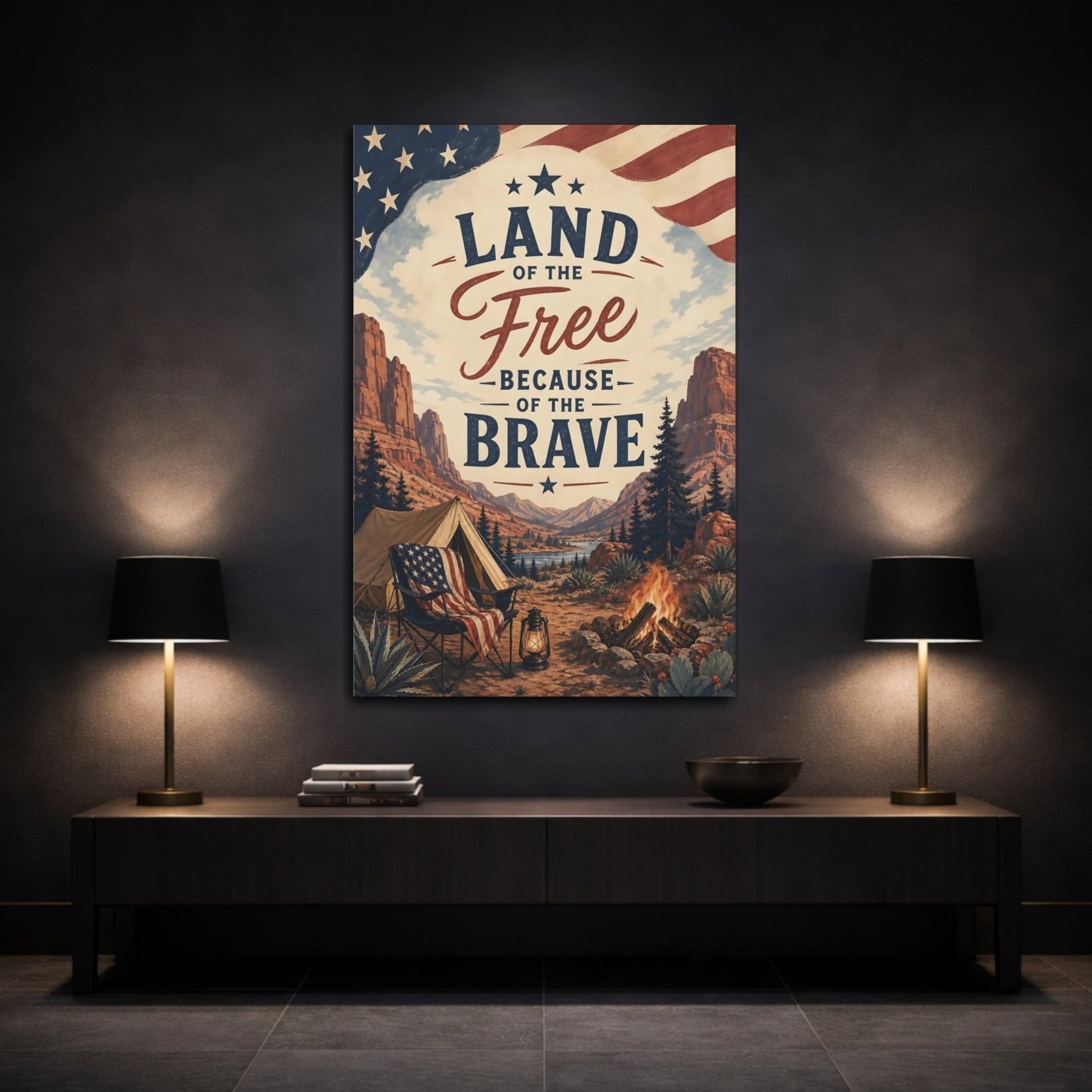 Vintage Patriotic Camping Canvas Print – Living Room, Above Sofa - YesArtYes