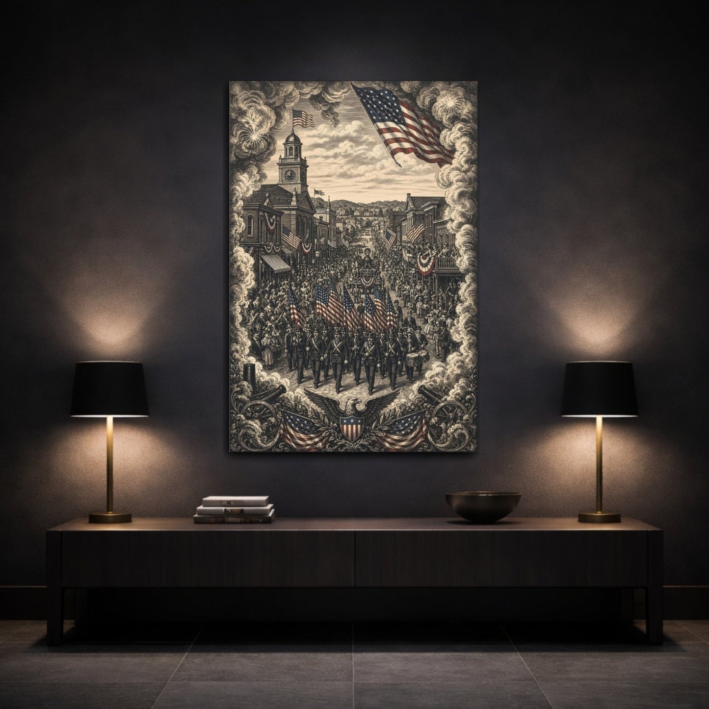 Vintage Patriotic Parade Sepia Tone Canvas Print – Living Room, Above Sofa, - YesArtYes