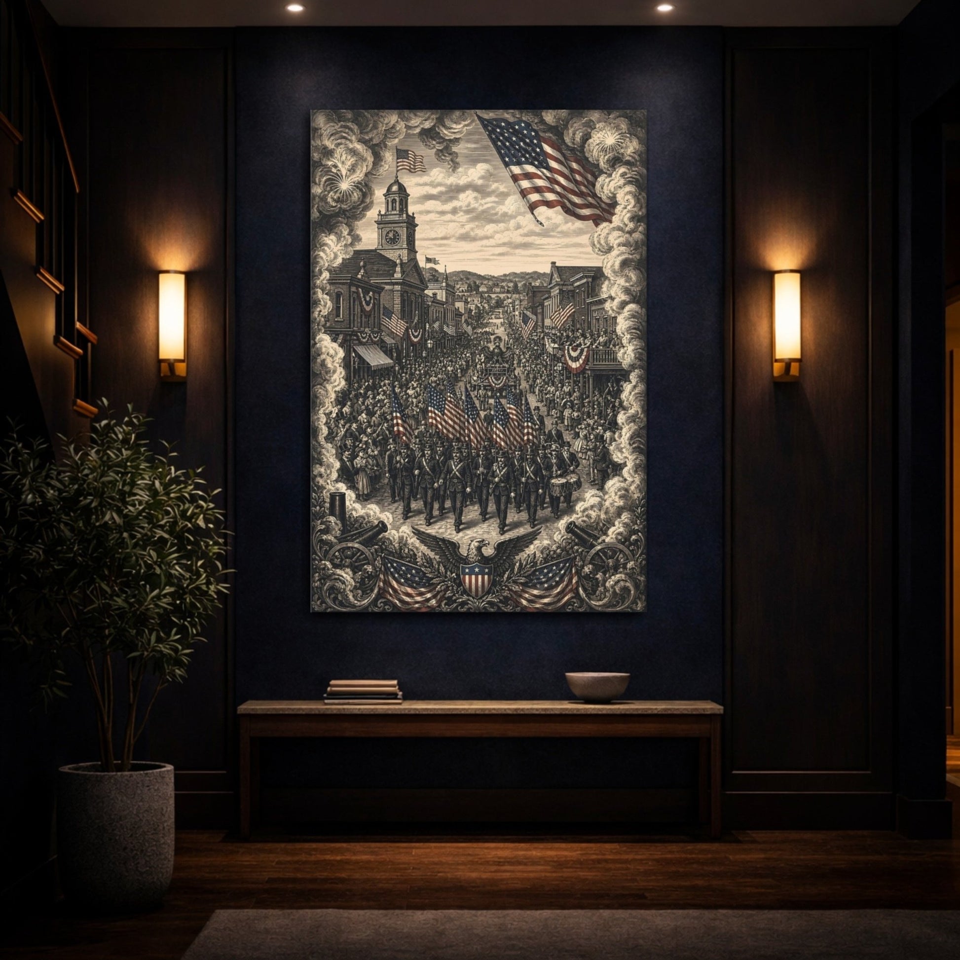 Vintage Patriotic Parade Sepia Tone Canvas Print – Living Room, Above Sofa, - YesArtYes
